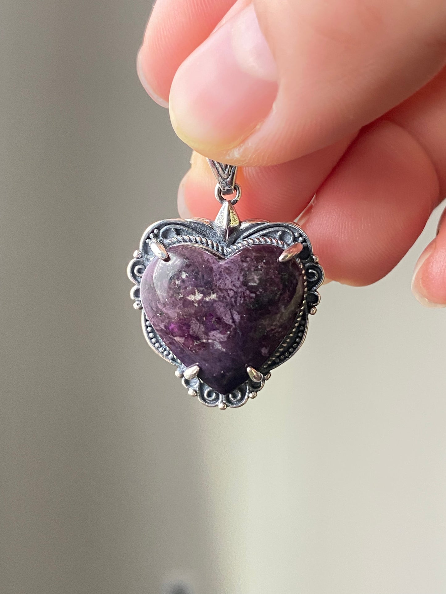 Natural High Rare Grade Purple Pink Sugilite Heart Shape  Mid-century Sterling Silver Pendant