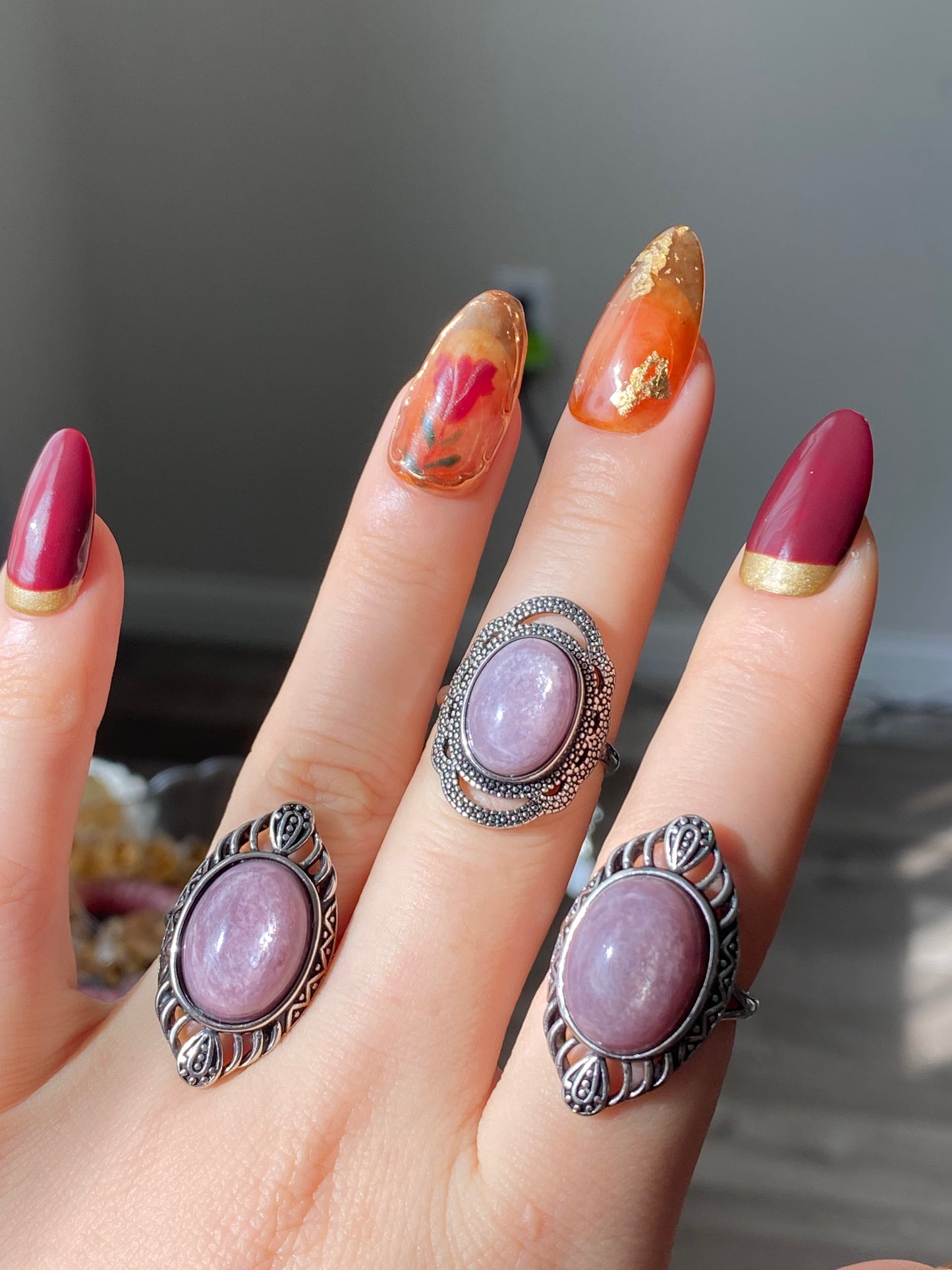 Natural Purple Lepidolite Vintage style Oval shape Adjustable Ring
