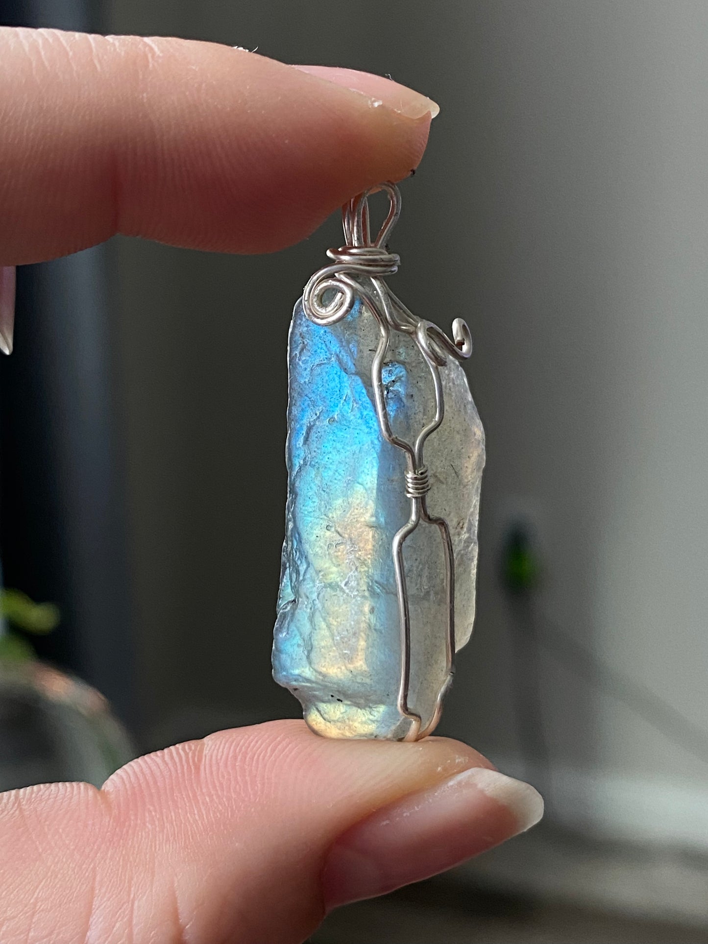 High grade Blue Fire Labradorite raw rock 14K white gold Wire Pendant, handmade pendat, gift for her, gift for him