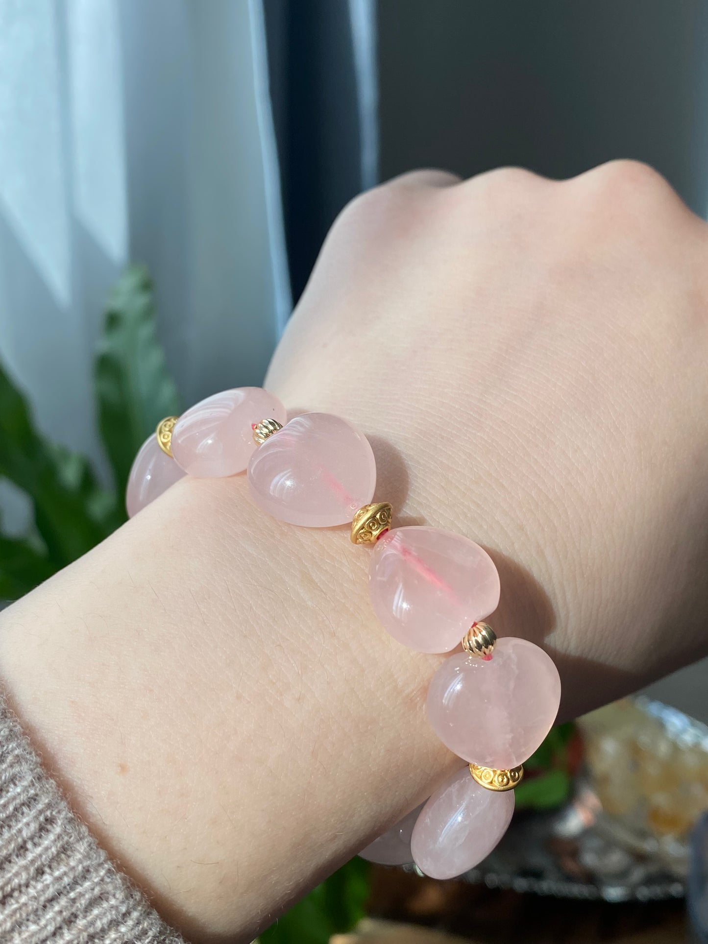 Natural AAA high quality Rose quartz cuty puffy heart shape,bow bead Bracelet,Valentine's gift, gift for her,Love and relationships