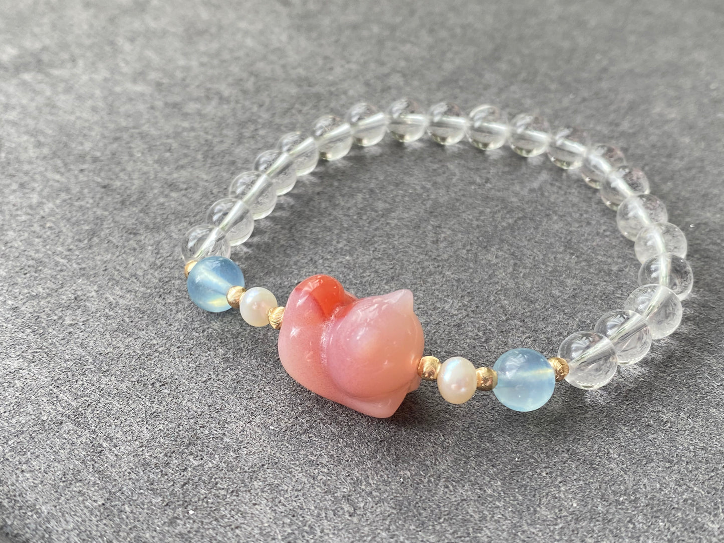 Natural Yanyuan Agate Cute Cat,white Crystal,Aquamarine,fresh Water Pearl Bracelet, gift for her, Valentine's Day Gift