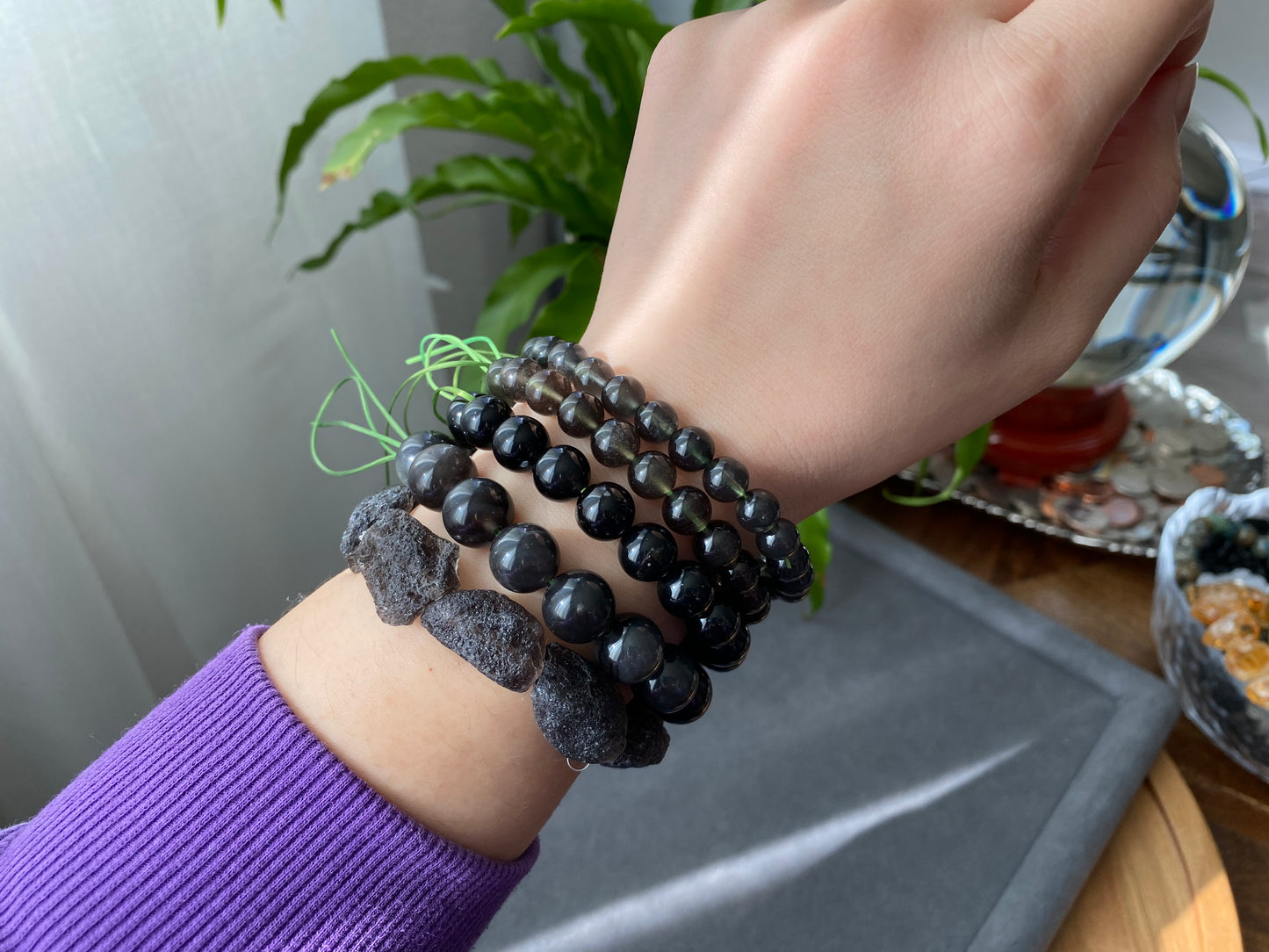 Natural Cintamani Saffordite Tektite Bracelet, wishing stone, Saffordite Tektites, Arizona Tektitest polished round bead bracelet