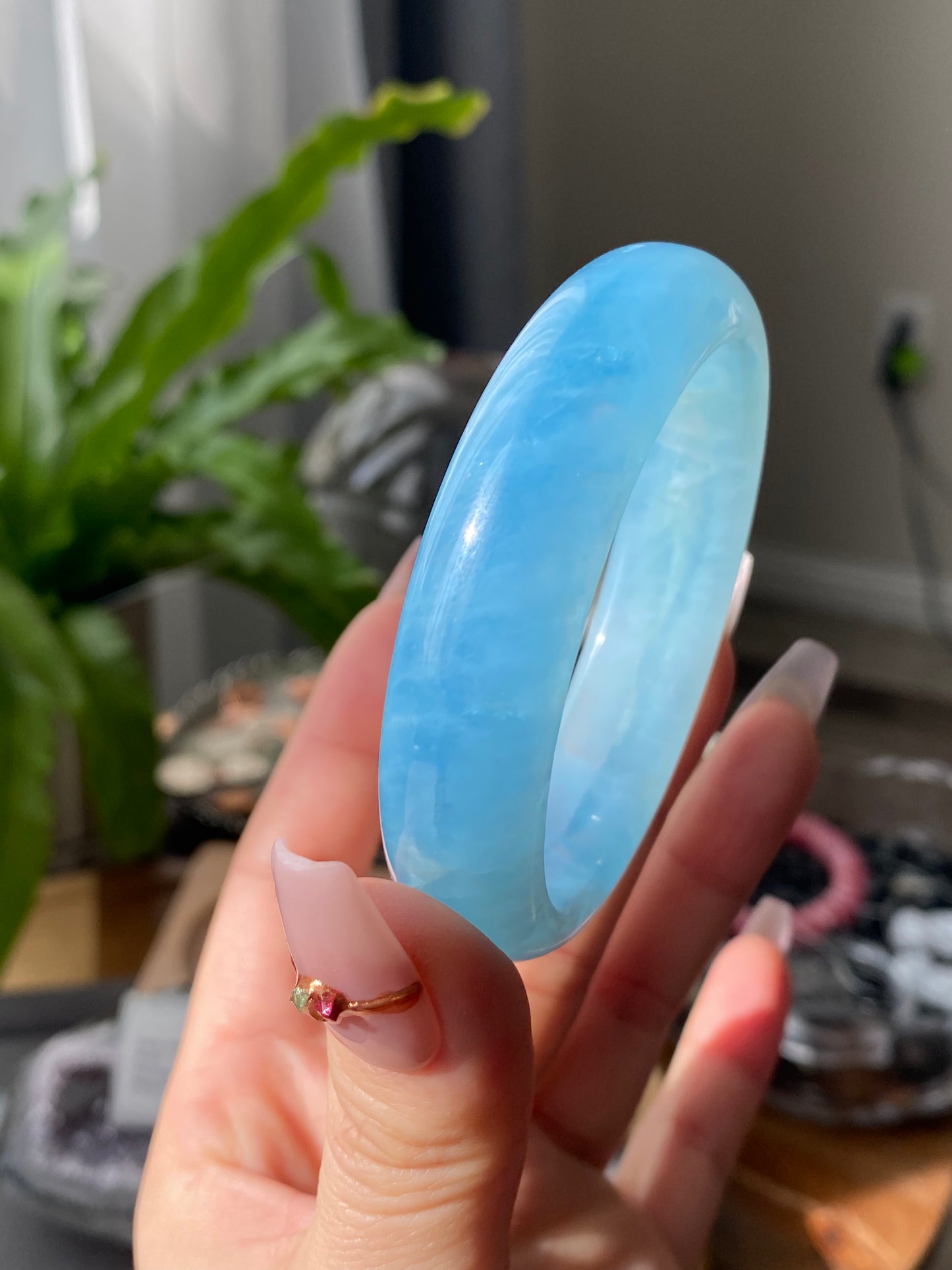 AAAAAA Grade Clear Blue sky cloud Surround Natural Aquamarine Bangle Gemstone Bracelet  56.8mm BA8354