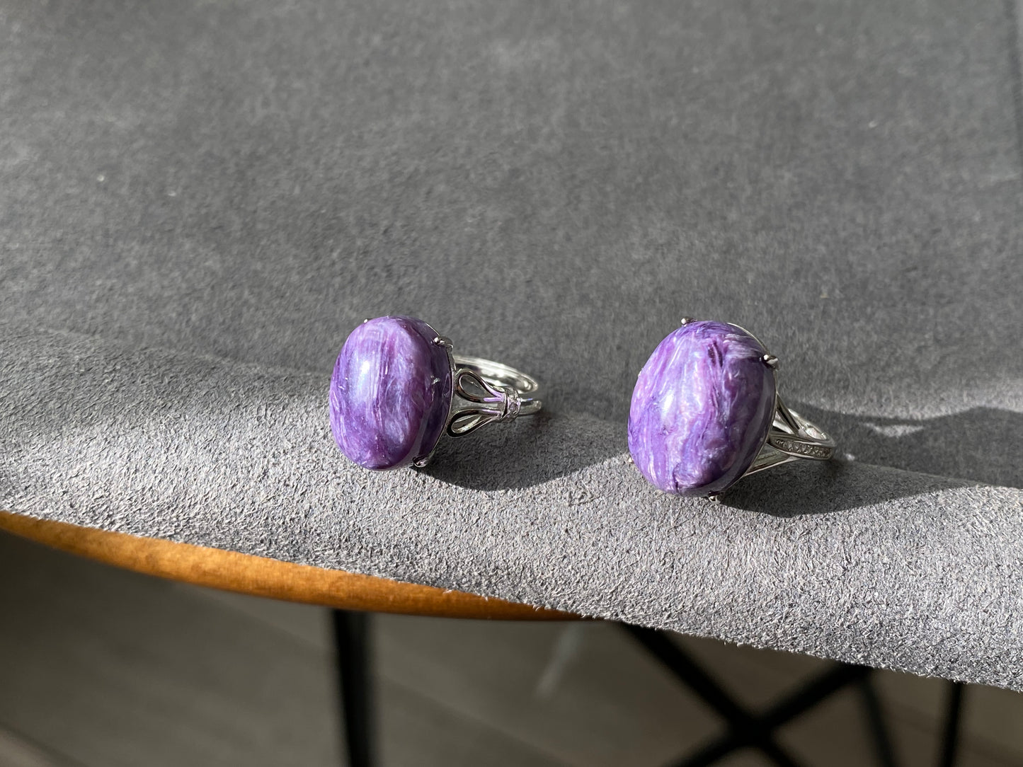 AAAAA Genuine Natural High Grade Silk Shin Purple Charoite,Cat Eyes Oval Shape sterling silver Adjustable Ring