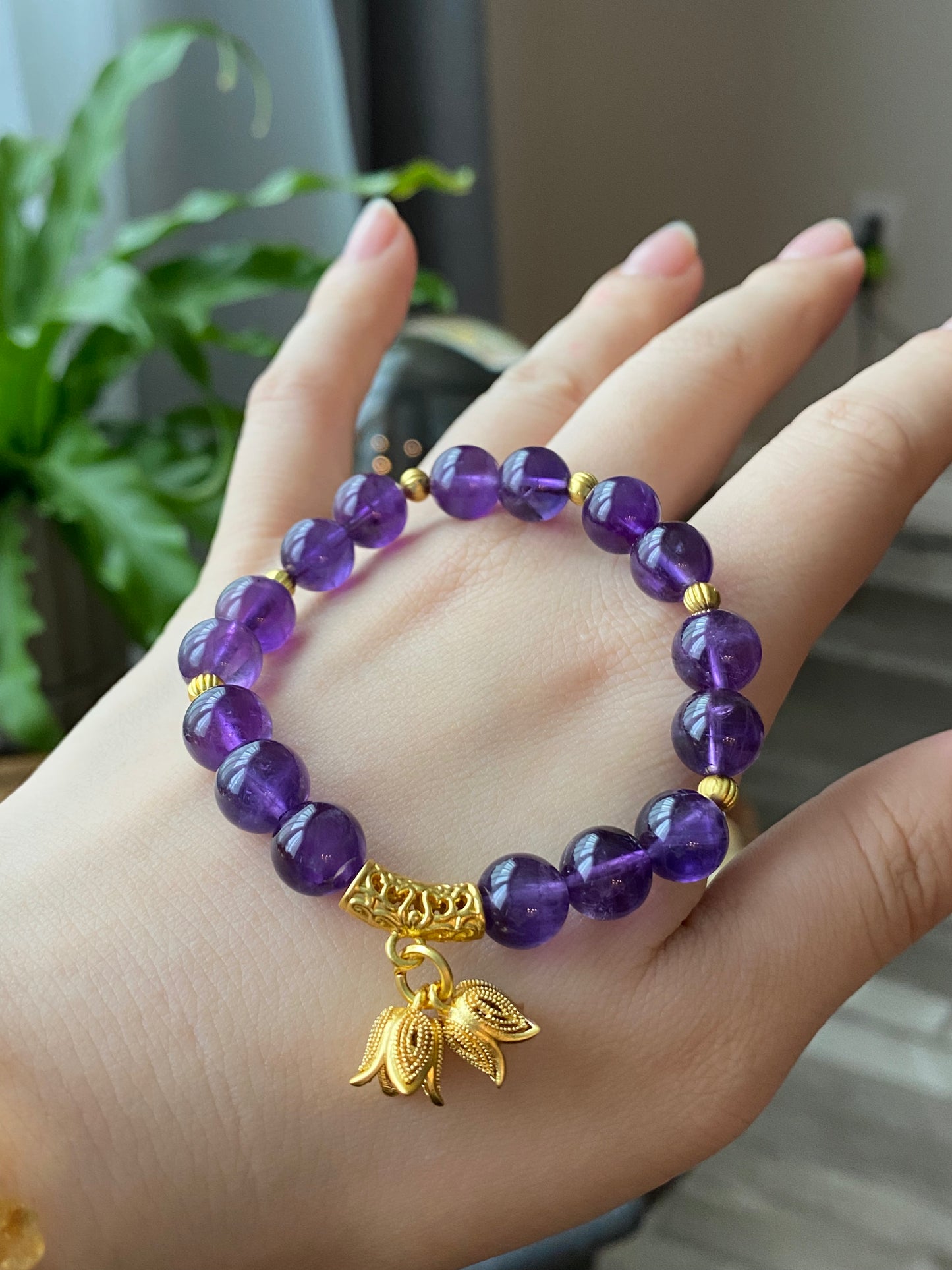 Natural Amethyst design with  Lily of the Valley handmade bracelet,custom bracelet，gift for her
