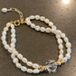 Natural freshwater super shinning irregular double Baroque Pearls with facted White crystal Beaded Bracelet, wedding bracelet,Anniversary Gift