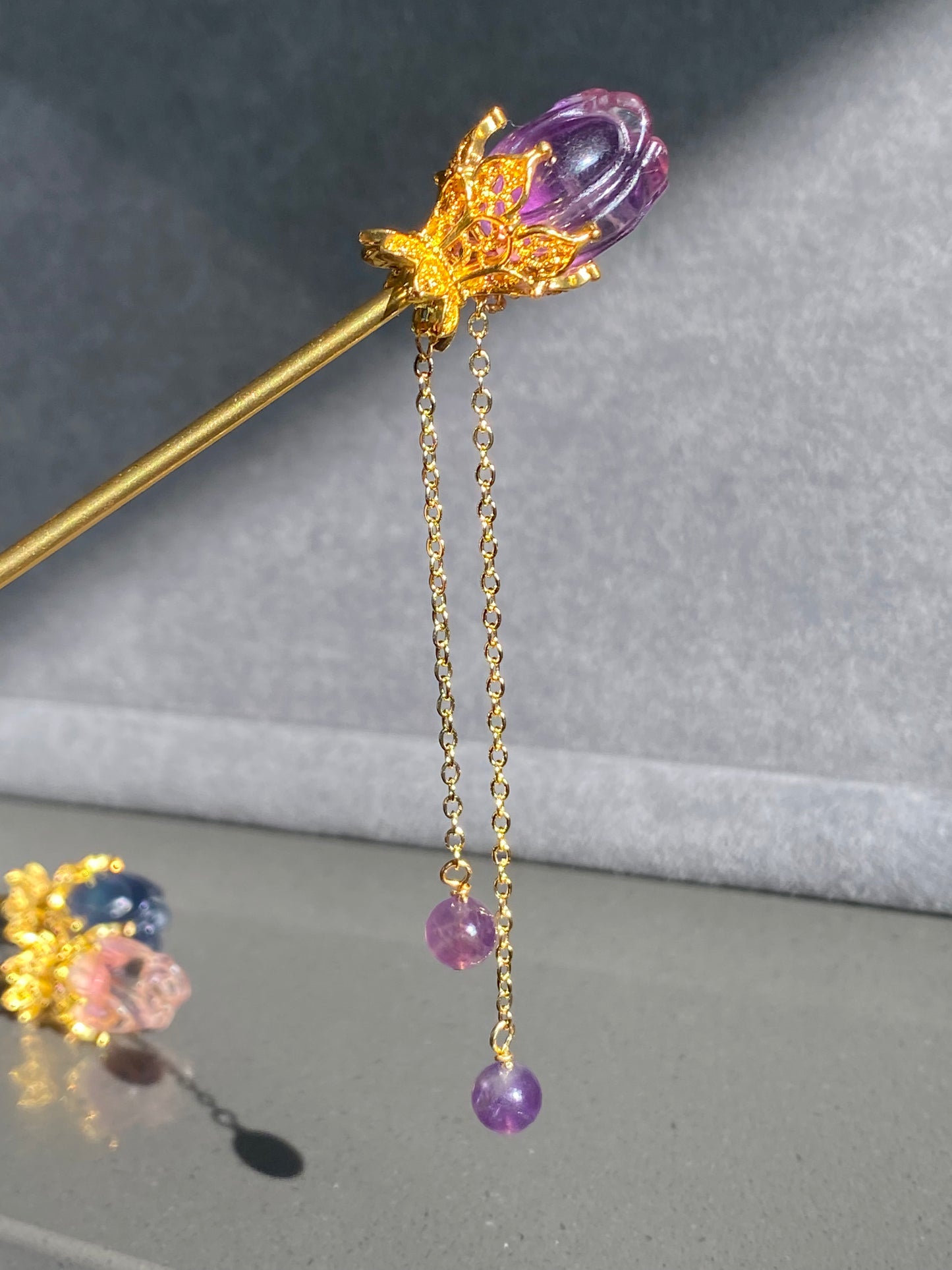 Natural FLuorite Hand craved Rose flower bud Shape Hairpin with Dangle Drop,Fluorite Crystal