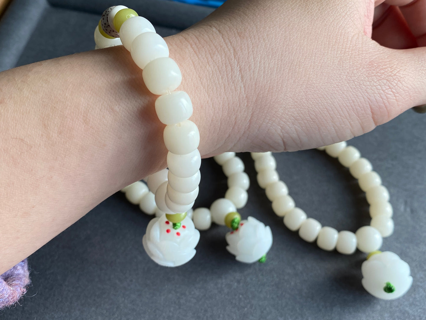 Natural white Bodhi root polished square round bead bracelet,prayer mala Yoga Meditation Balancing with Lotus Sculp