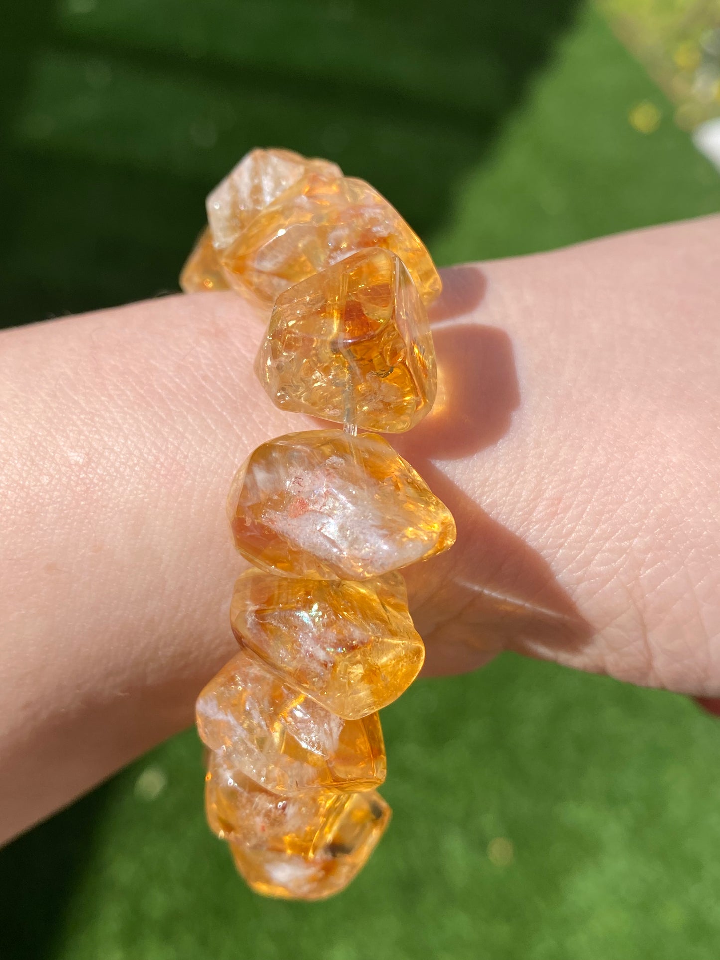 Succes and wealth Natural pyramid Citrine irregular Rock Cystal Dark Yellow Gold Bracelet grow with blue needle,handmade bracelet
