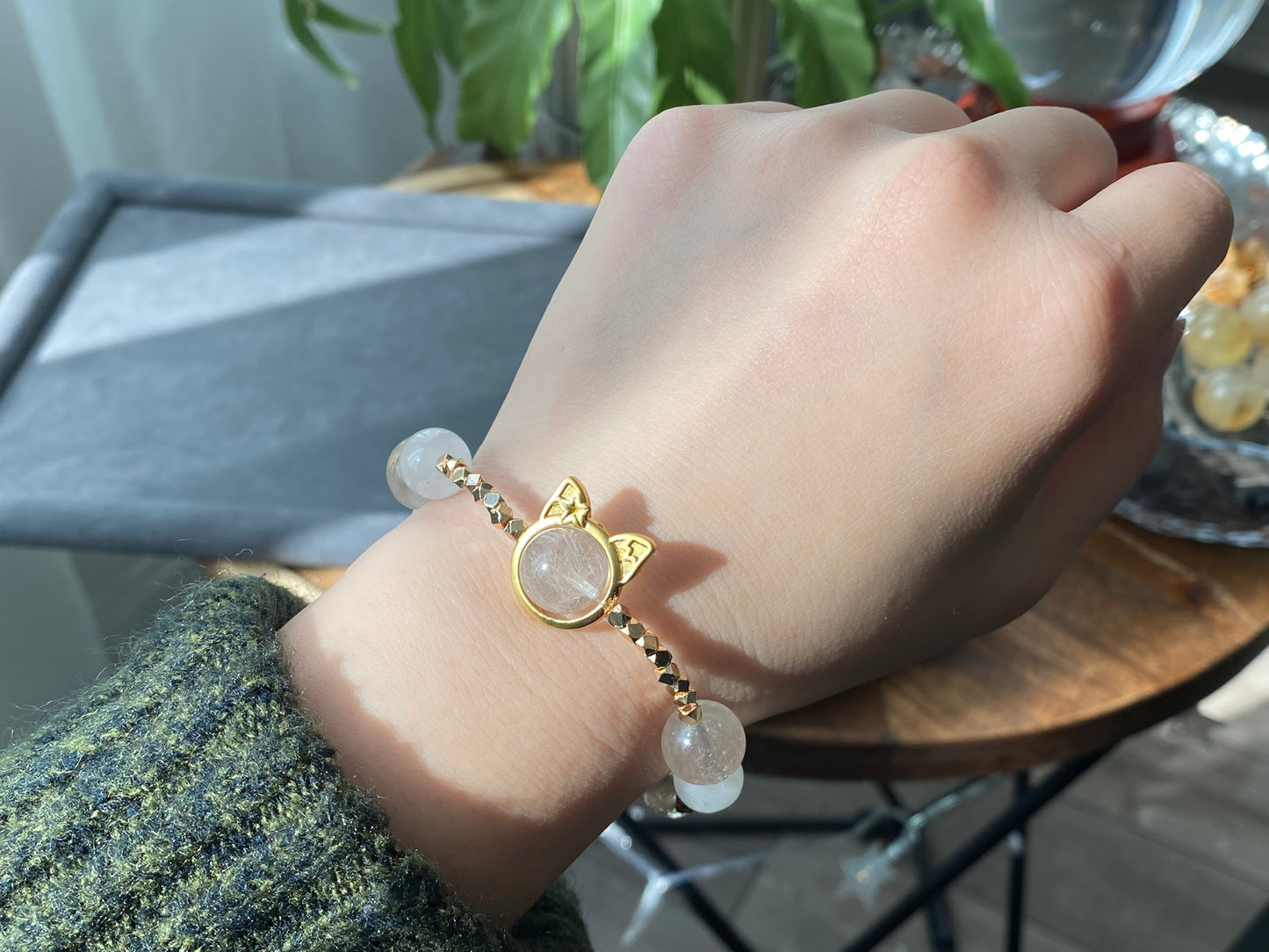 Rare High Grade Natural White Pink Rabbit hair Rutilated Quartz Crystal Designing Bead Bracelet, gift for her, gift idea