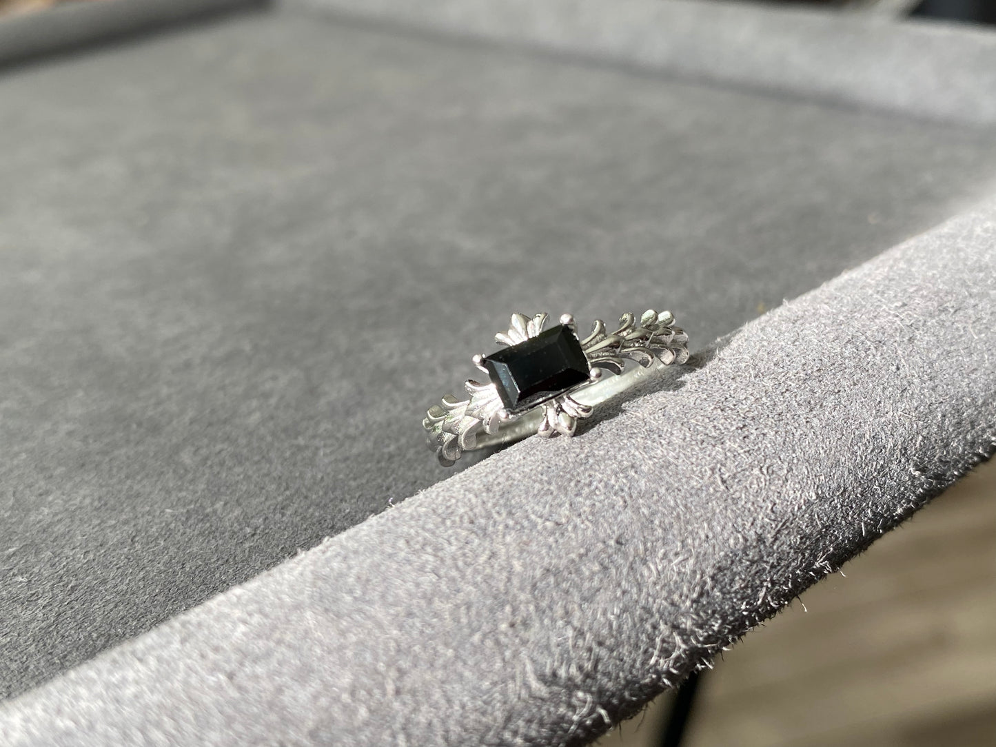 Natural Black Spinel Genuine Gemstone Rectangle Chrome Hearts Style Adjustable Ring