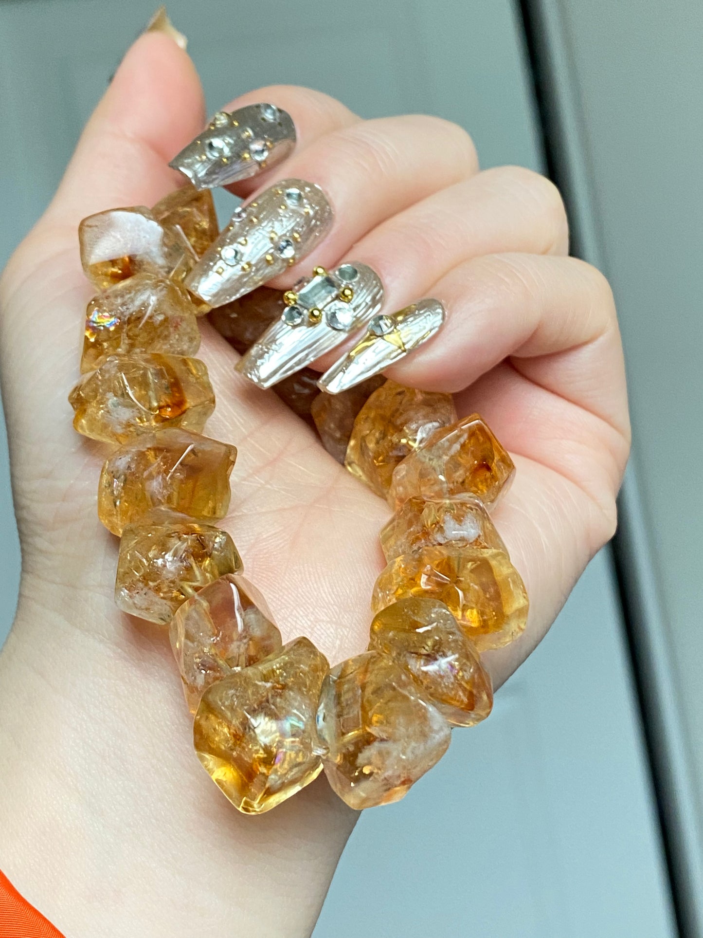 Succes and wealth Natural pyramid Citrine irregular Rock Cystal Dark Yellow Gold Bracelet grow with blue needle,handmade bracelet