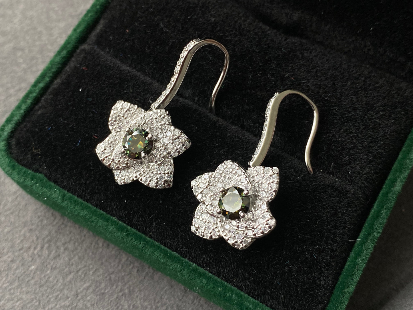 Gorgeous  Flower Floral Drop Dangle Dark Green Moissanite Sterling silver earring 0.5CT