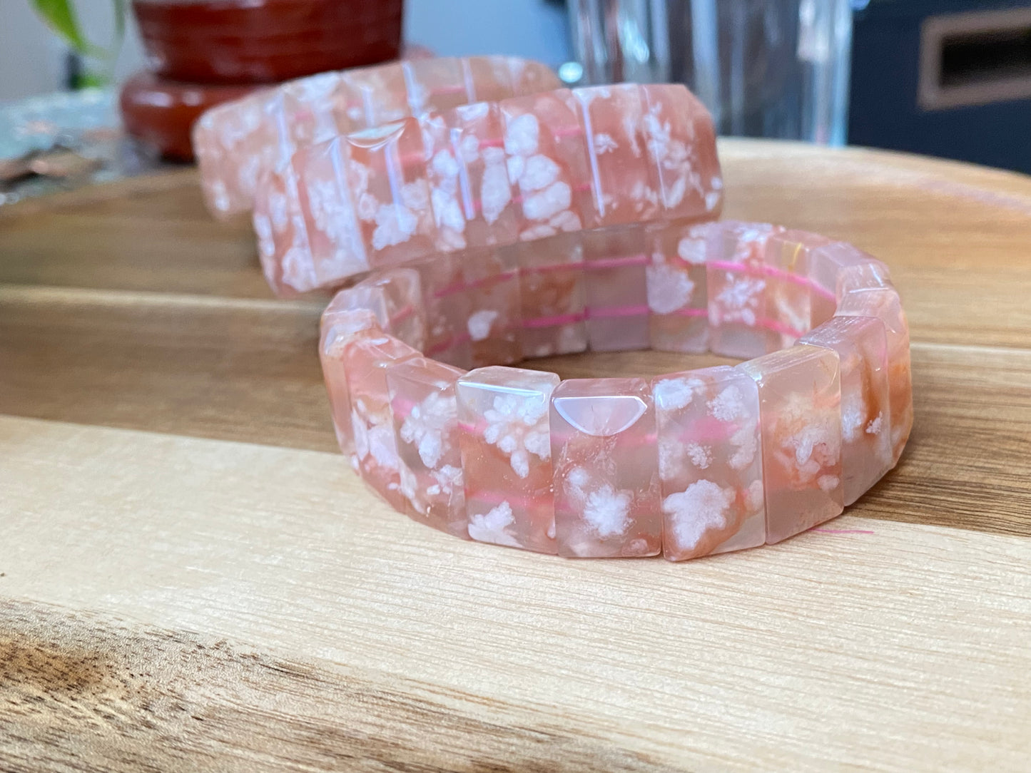 TOP Grade Nature Sakura Agate cherry blossom flower Rectangle bangle bracelet