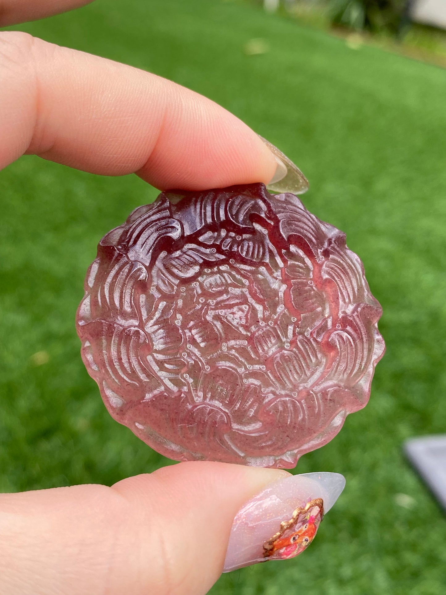 Natural Strawberry Quartz Hand Carved Hibiscus Peony Flower Pendant,gift for her,gift for mother