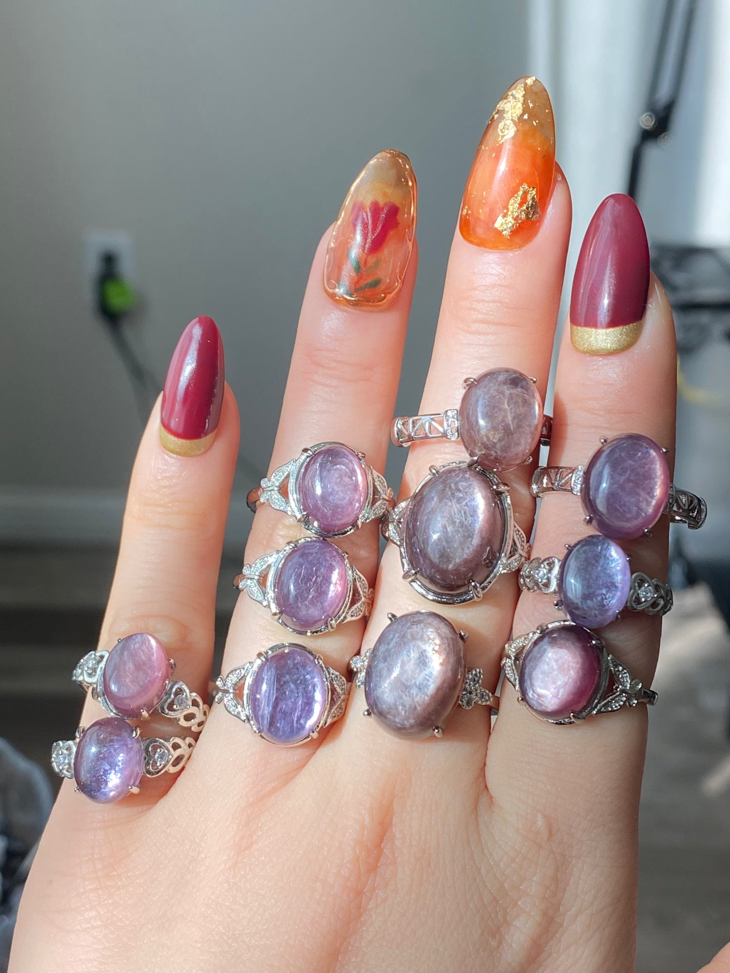 Natural Purple Lepidolite Vintage style Oval shape Adjustable Ring