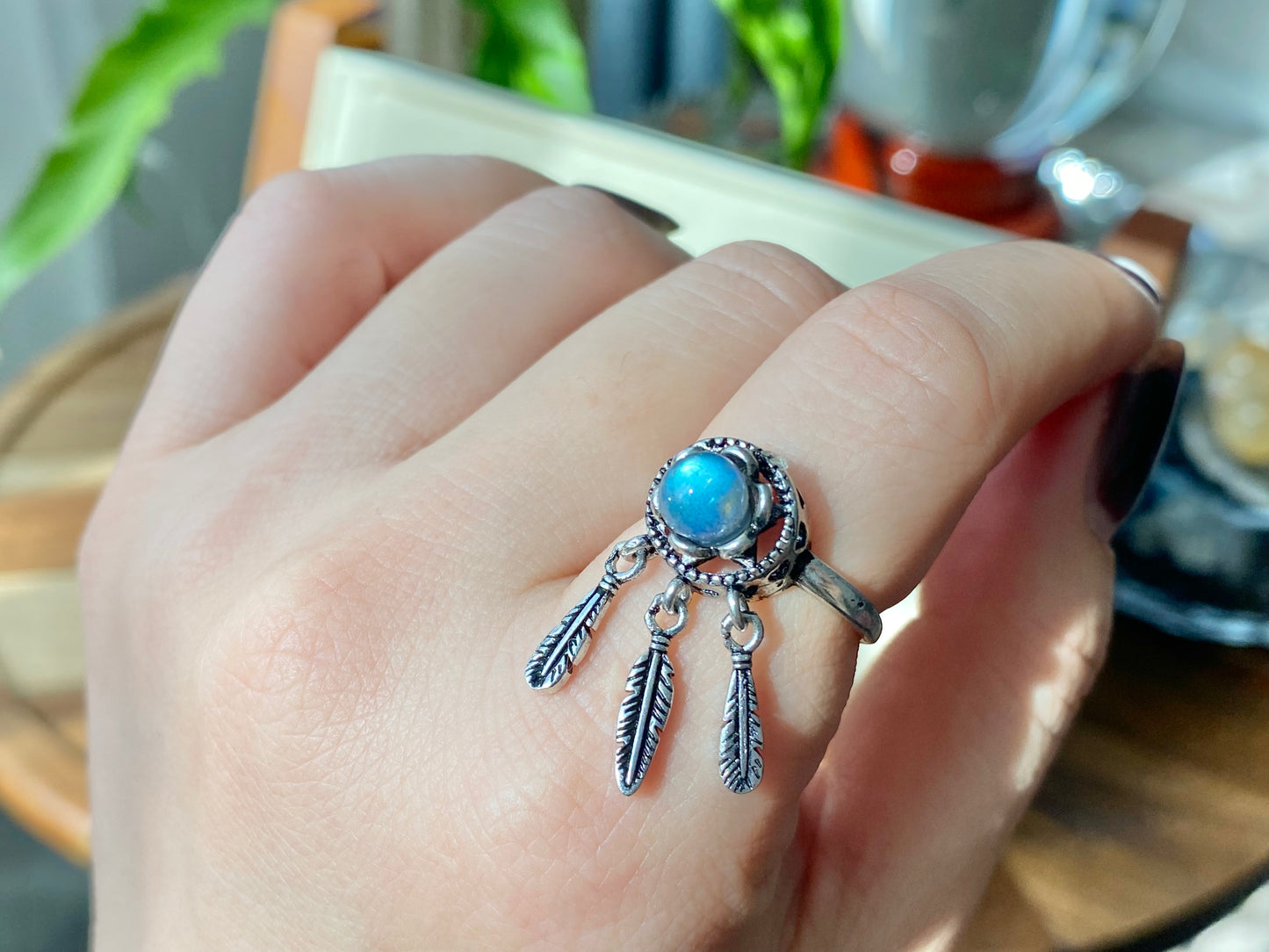 Vintage style Natural moonstone Blue Labradorite  Dreamcatcher Necklace and Ring set
