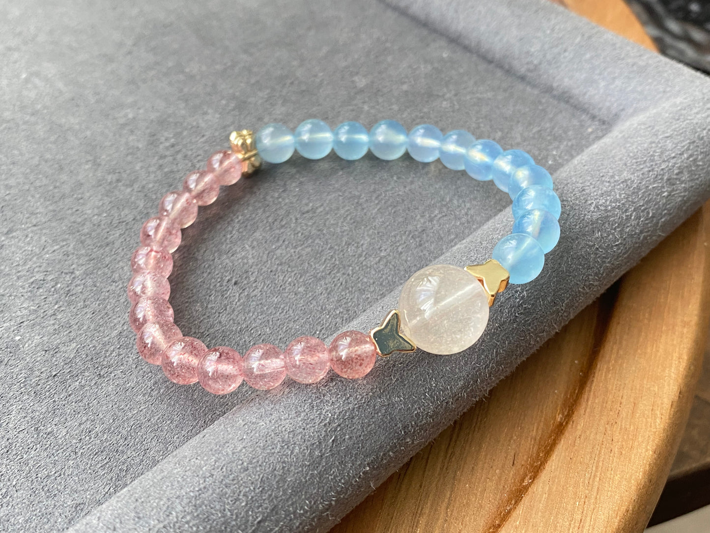 Natural High Grade Strawberry Quartz, Aquamarine,Rabbit hair Rutilated Quartz color block Two tone Butterfly Bracelet 6-7MM