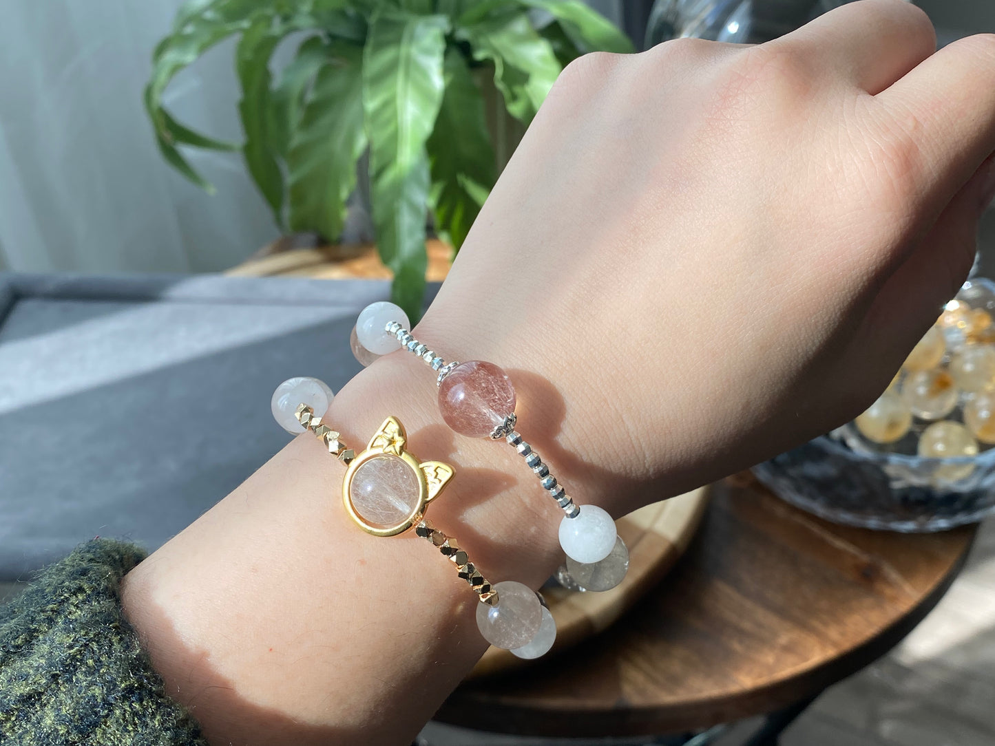 Rare High Grade Natural White Pink Rabbit hair Rutilated Quartz Crystal Designing Bead Bracelet, gift for her, gift idea