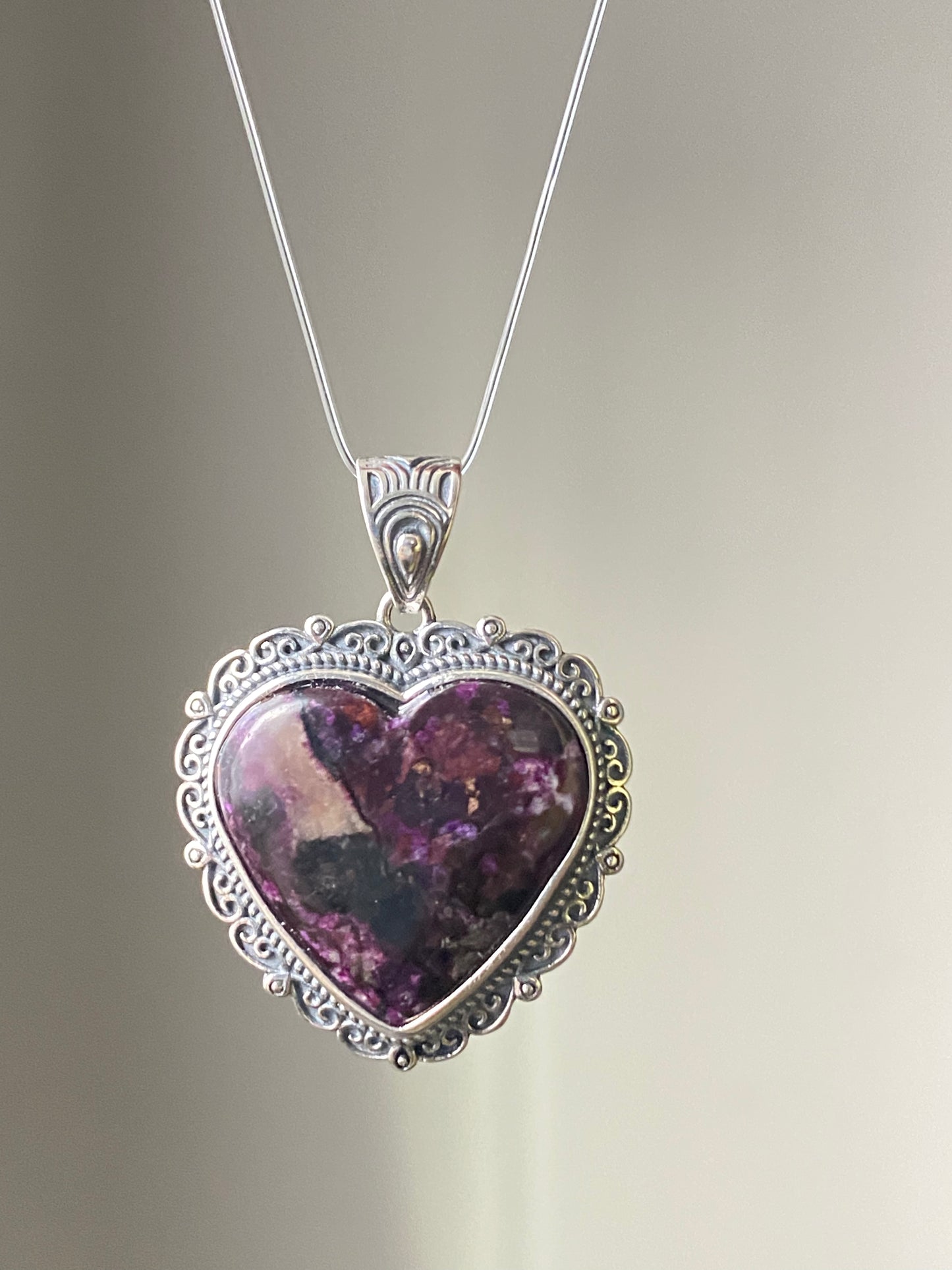 Natural High Rare Grade Purple Pink Sugilite Heart Shape  Mid-century Sterling Silver Pendant