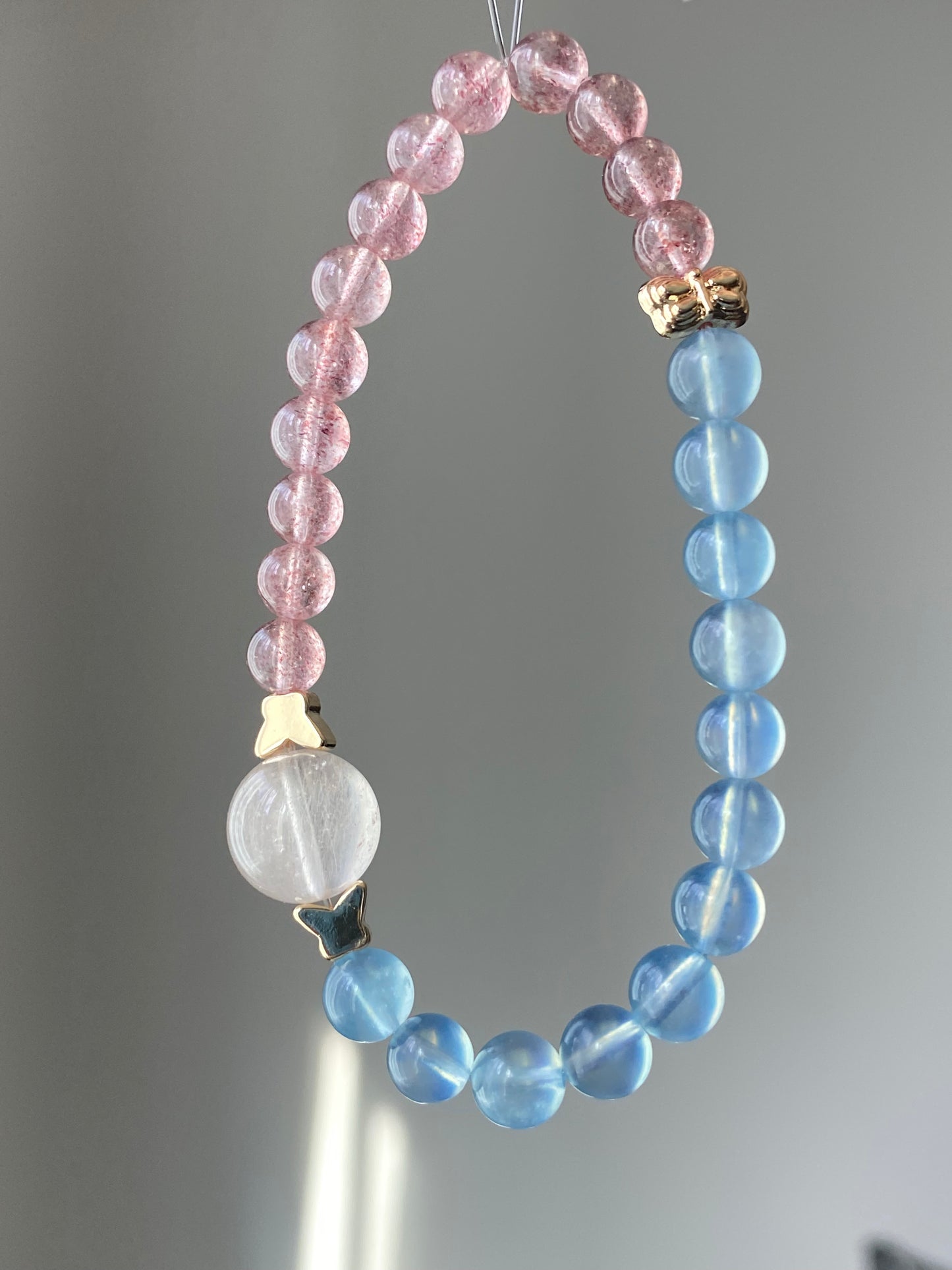 Natural High Grade Strawberry Quartz, Aquamarine,Rabbit hair Rutilated Quartz color block Two tone Butterfly Bracelet 6-7MM
