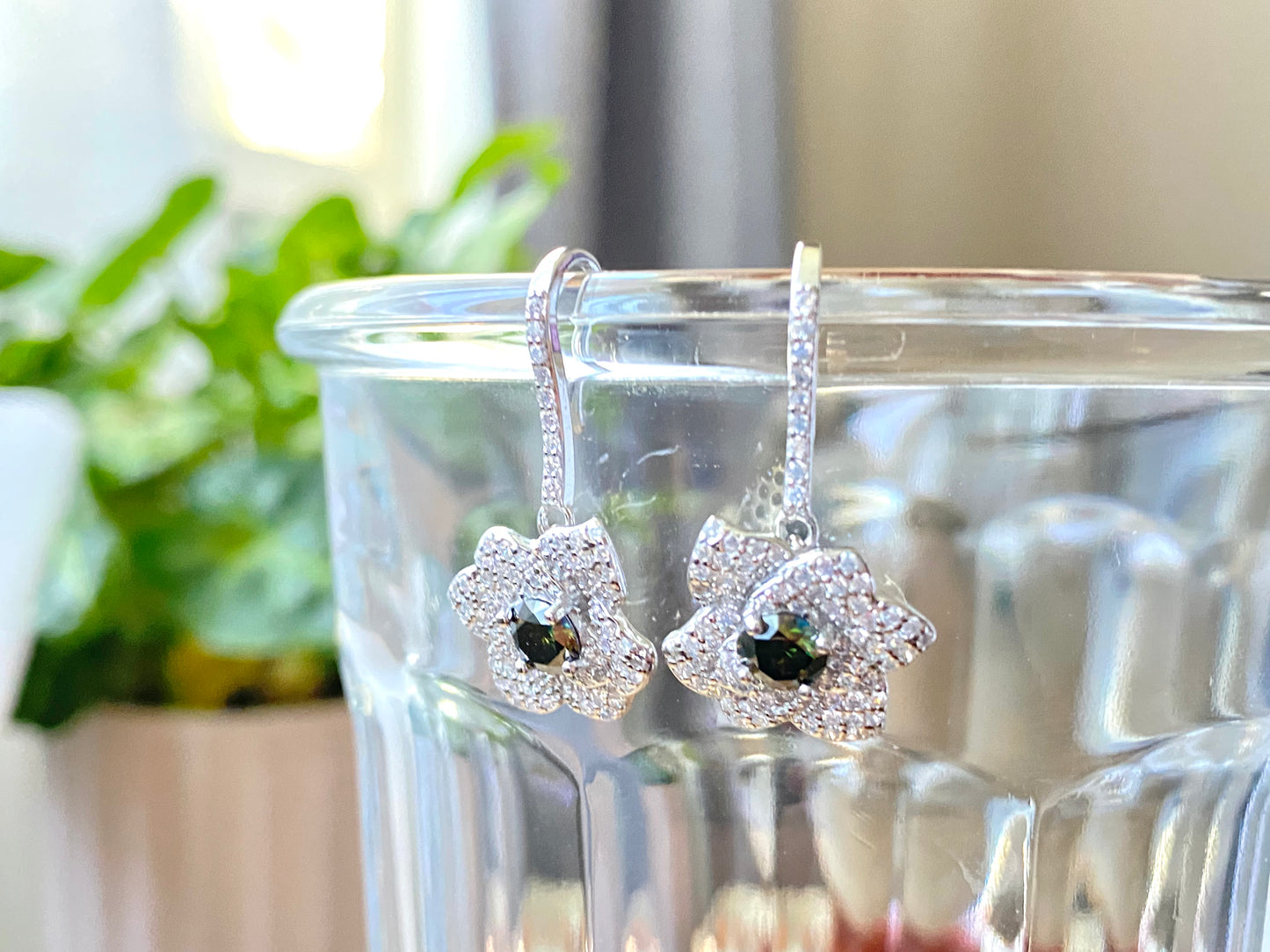 Gorgeous  Flower Floral Drop Dangle Dark Green Moissanite Sterling silver earring 0.5CT