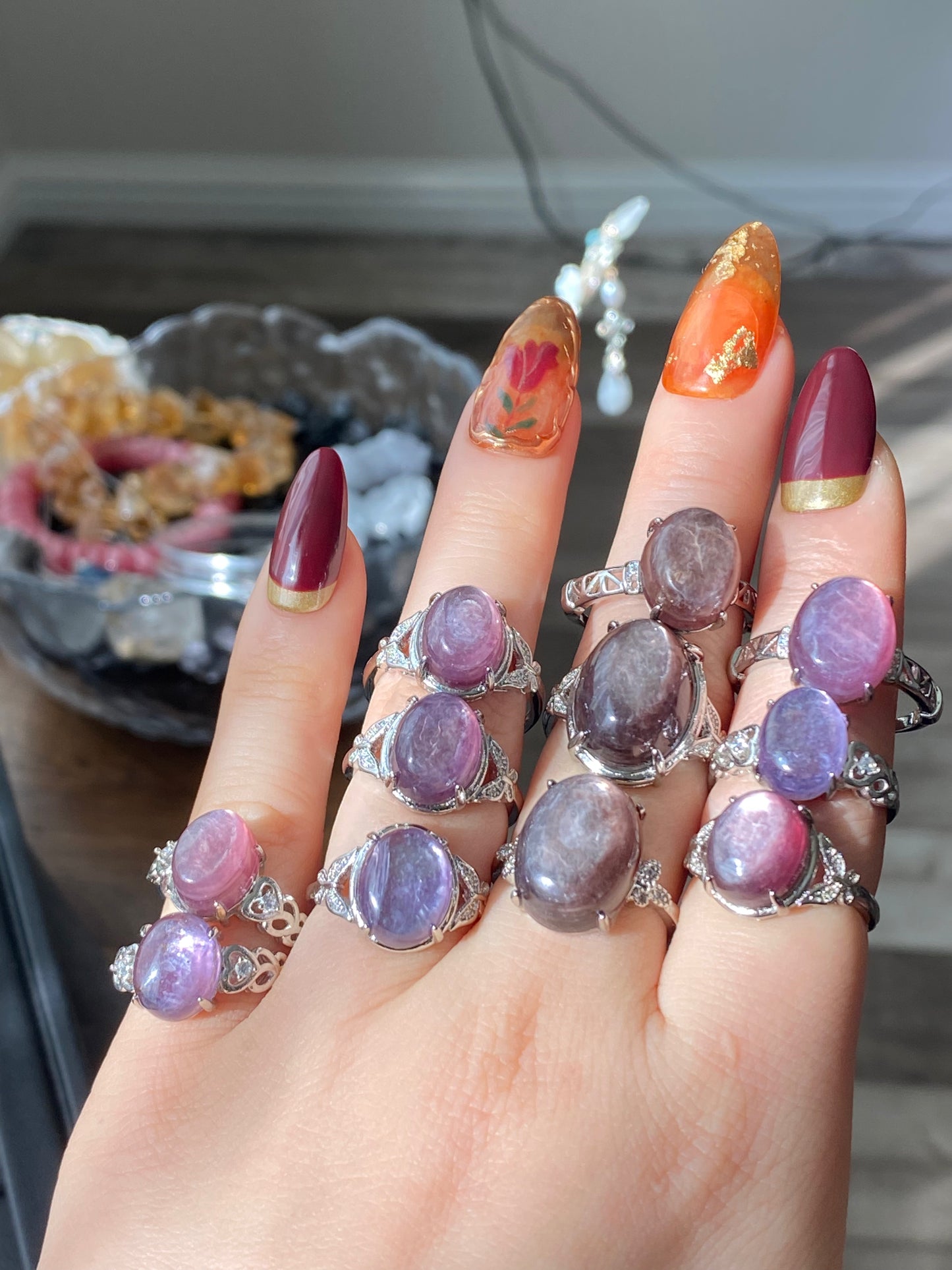 Natural Purple Lepidolite Vintage style Oval shape Adjustable Ring