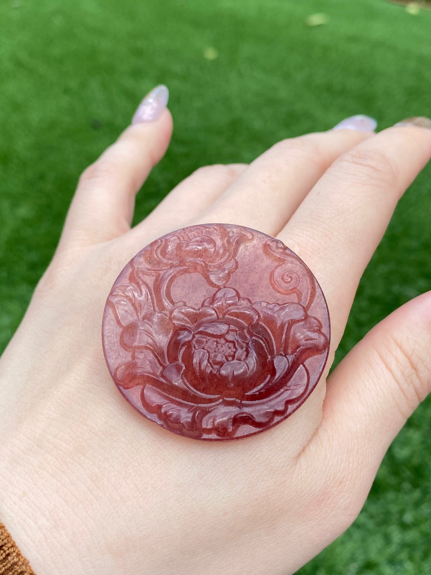 Natural Strawberry Quartz Hand Carved Hibiscus Peony Flower Pendant,gift for her,gift for mother
