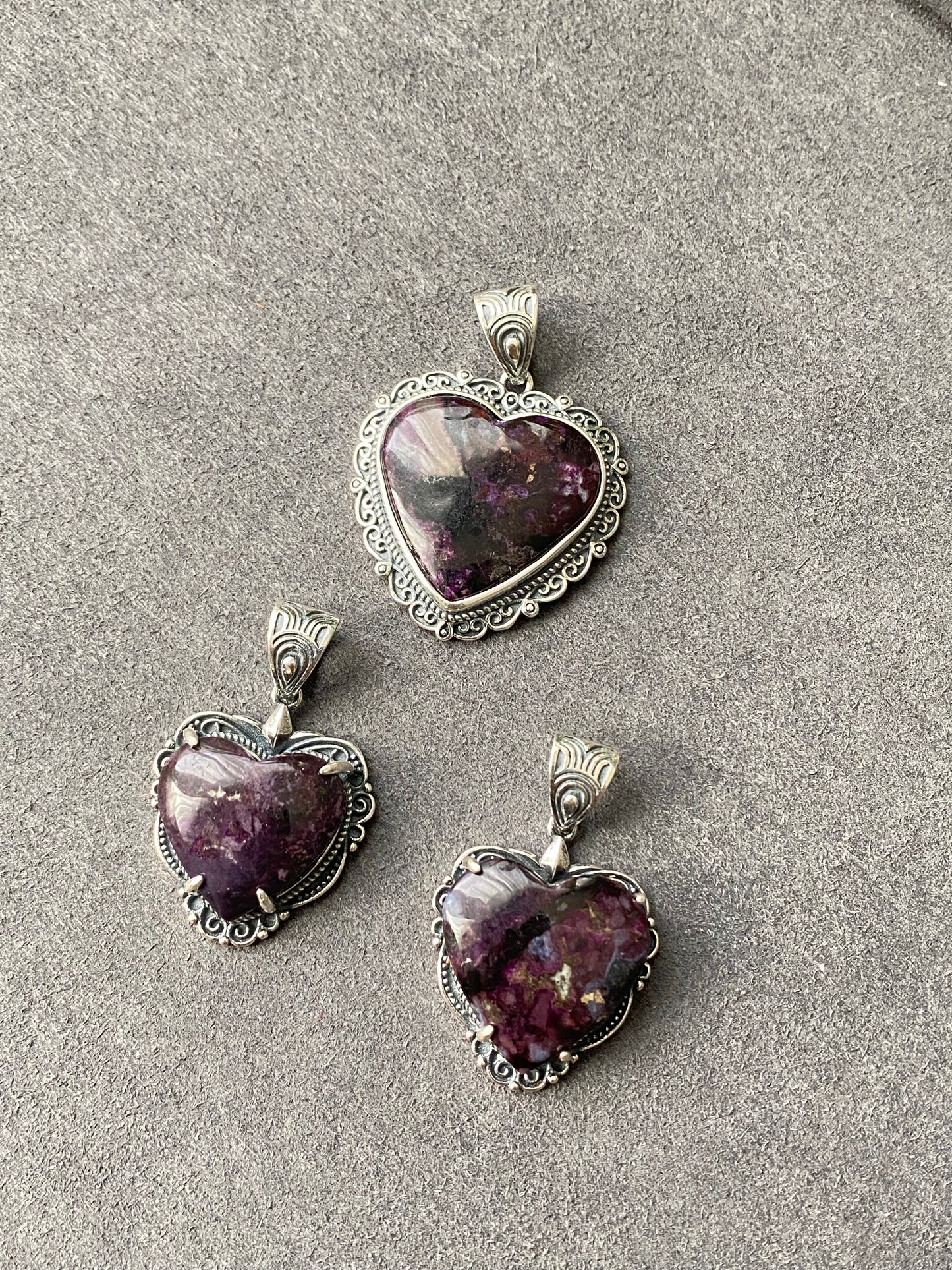 Natural High Rare Grade Purple Pink Sugilite Heart Shape  Mid-century Sterling Silver Pendant