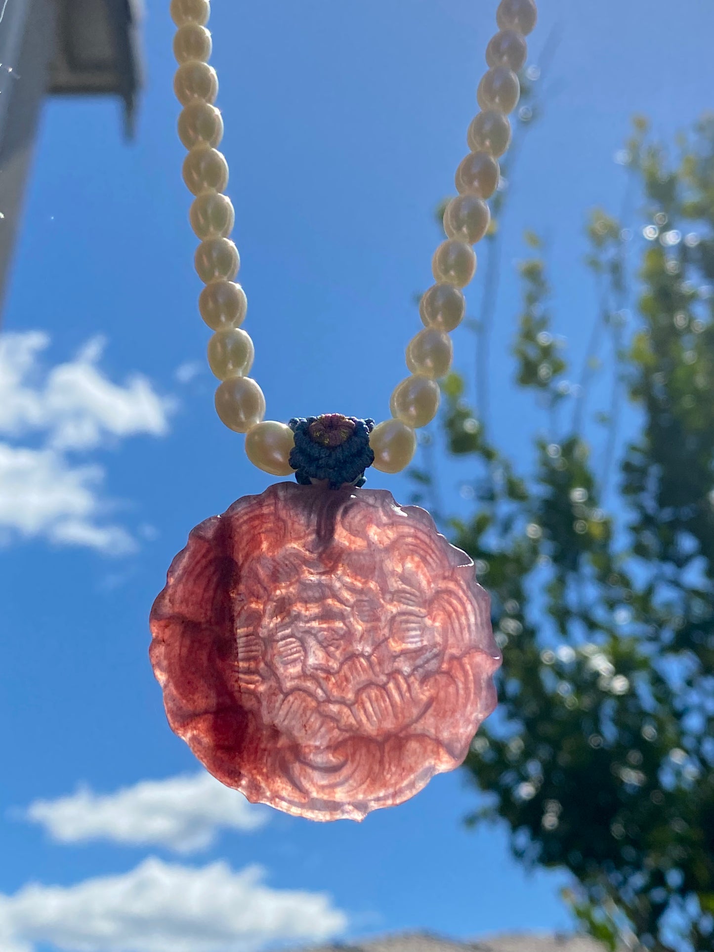 Natural Strawberry Quartz Hand Carved Hibiscus Peony Flower Pendant,gift for her,gift for mother