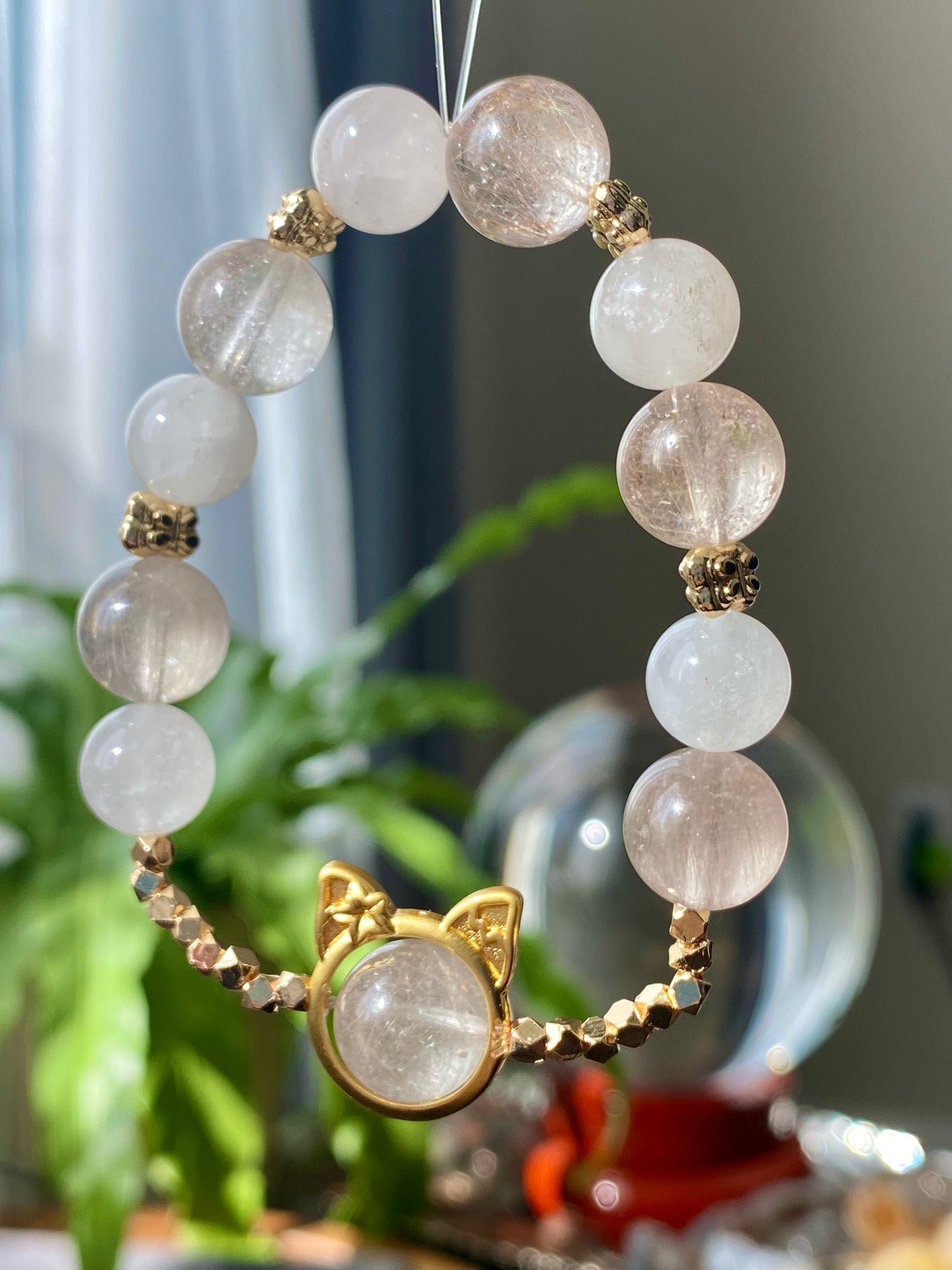 Rare High Grade Natural White Pink Rabbit hair Rutilated Quartz Crystal Designing Bead Bracelet, gift for her, gift idea