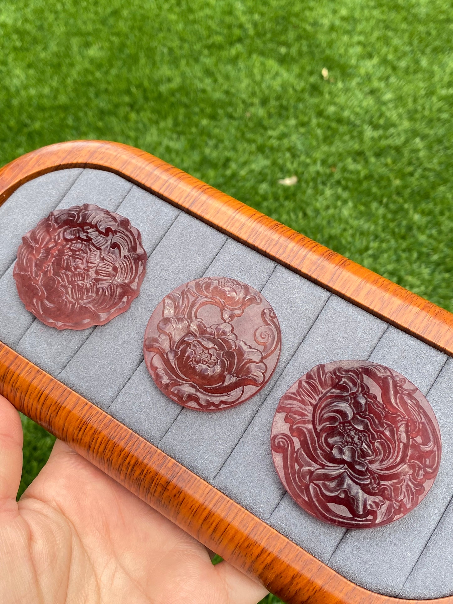 Natural Strawberry Quartz Hand Carved Hibiscus Peony Flower Pendant,gift for her,gift for mother