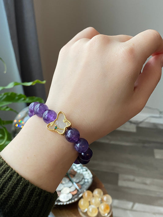Natural Amethyst design with butterfly handmade bracelet,custom bracelet，gift for her