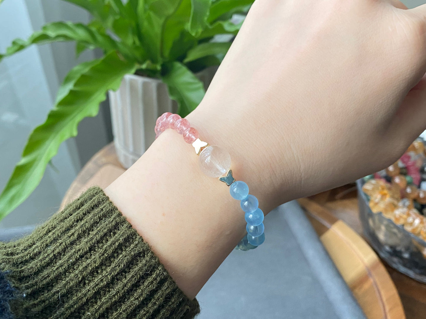 Natural High Grade Strawberry Quartz, Aquamarine,Rabbit hair Rutilated Quartz color block Two tone Butterfly Bracelet 6-7MM