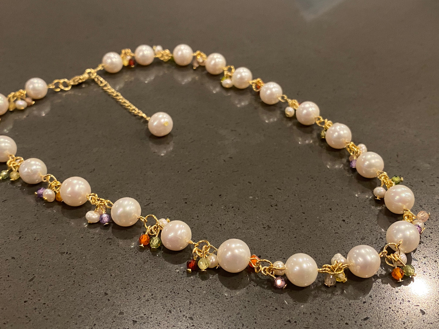 Natural Freshwater Pearl White round 8-9MM Baroque Pearls with rainbow colorful facted Crystal 14K gold Necklace