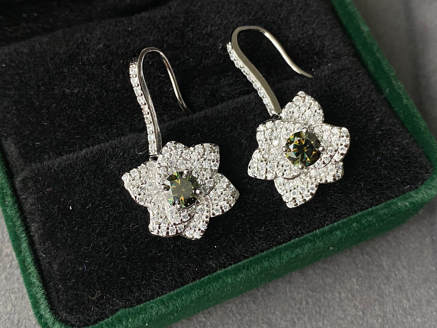 Gorgeous  Flower Floral Drop Dangle Dark Green Moissanite Sterling silver earring 0.5CT