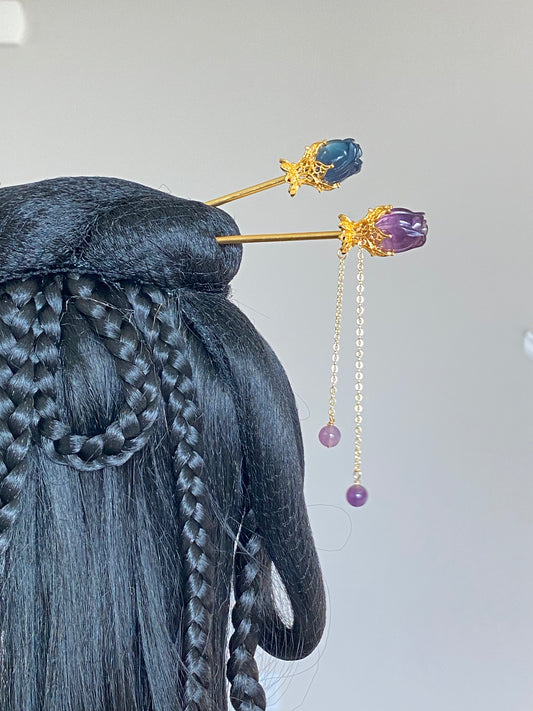 Natural FLuorite Hand craved Rose flower bud Shape Hairpin with Dangle Drop,Fluorite Crystal