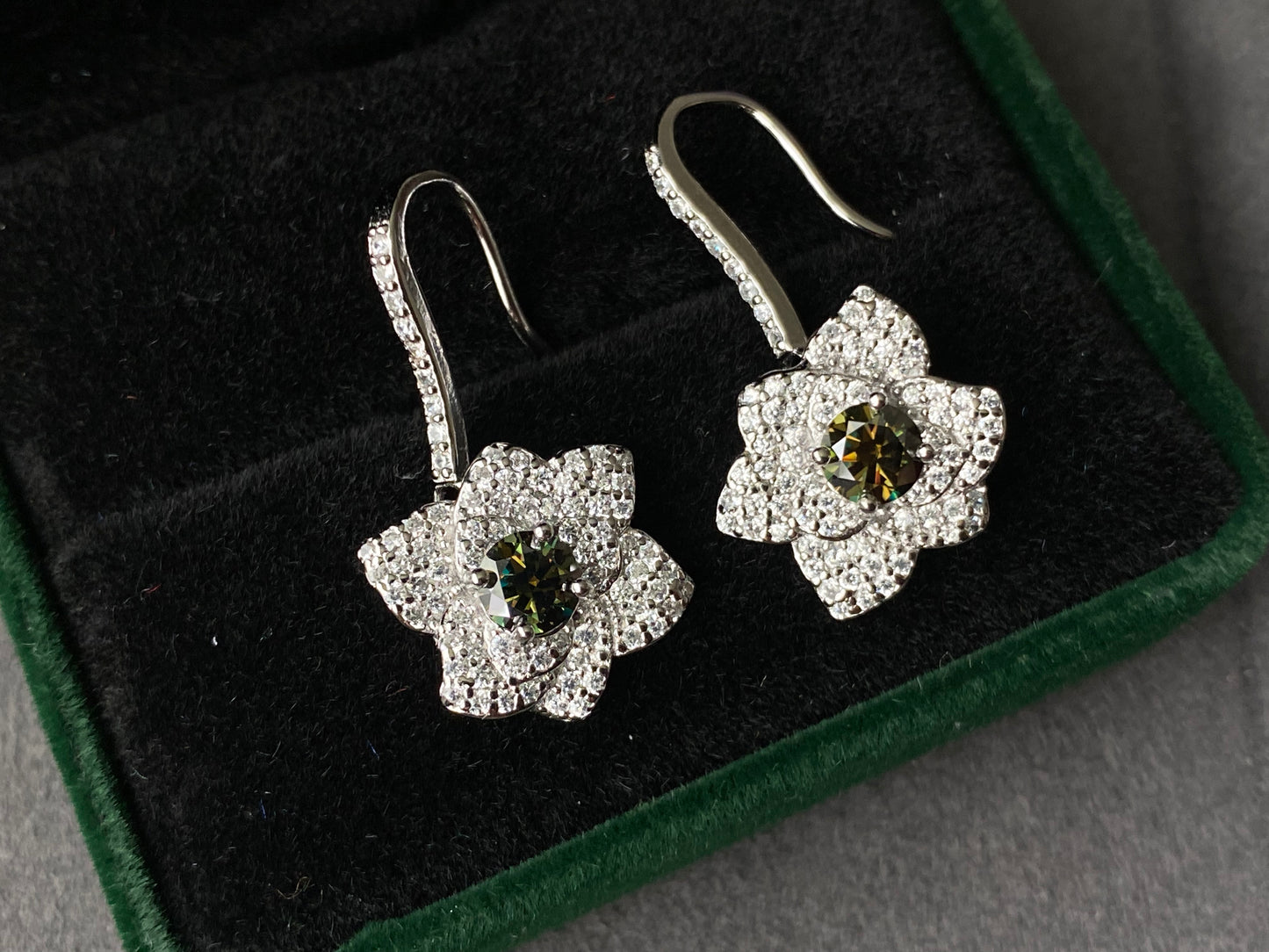 Gorgeous  Flower Floral Drop Dangle Dark Green Moissanite Sterling silver earring 0.5CT