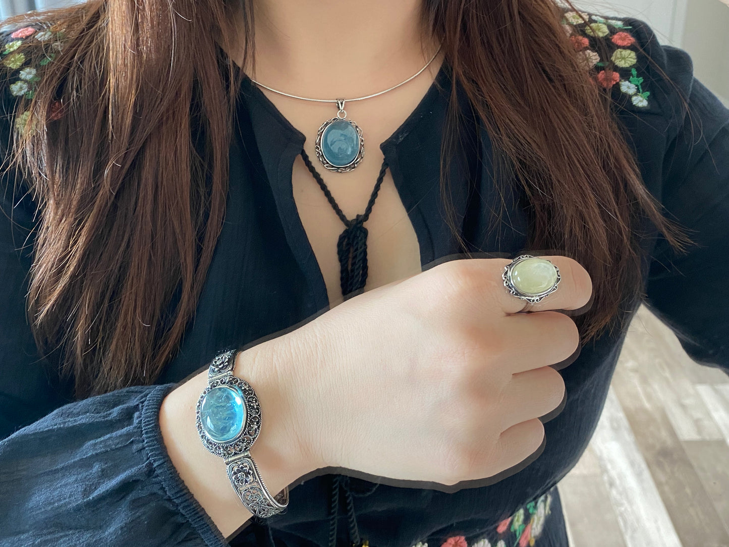 Nature Big Aquamarine Oval shape vintage setting pendant collar Boho Charm Necklace,March Birthstone