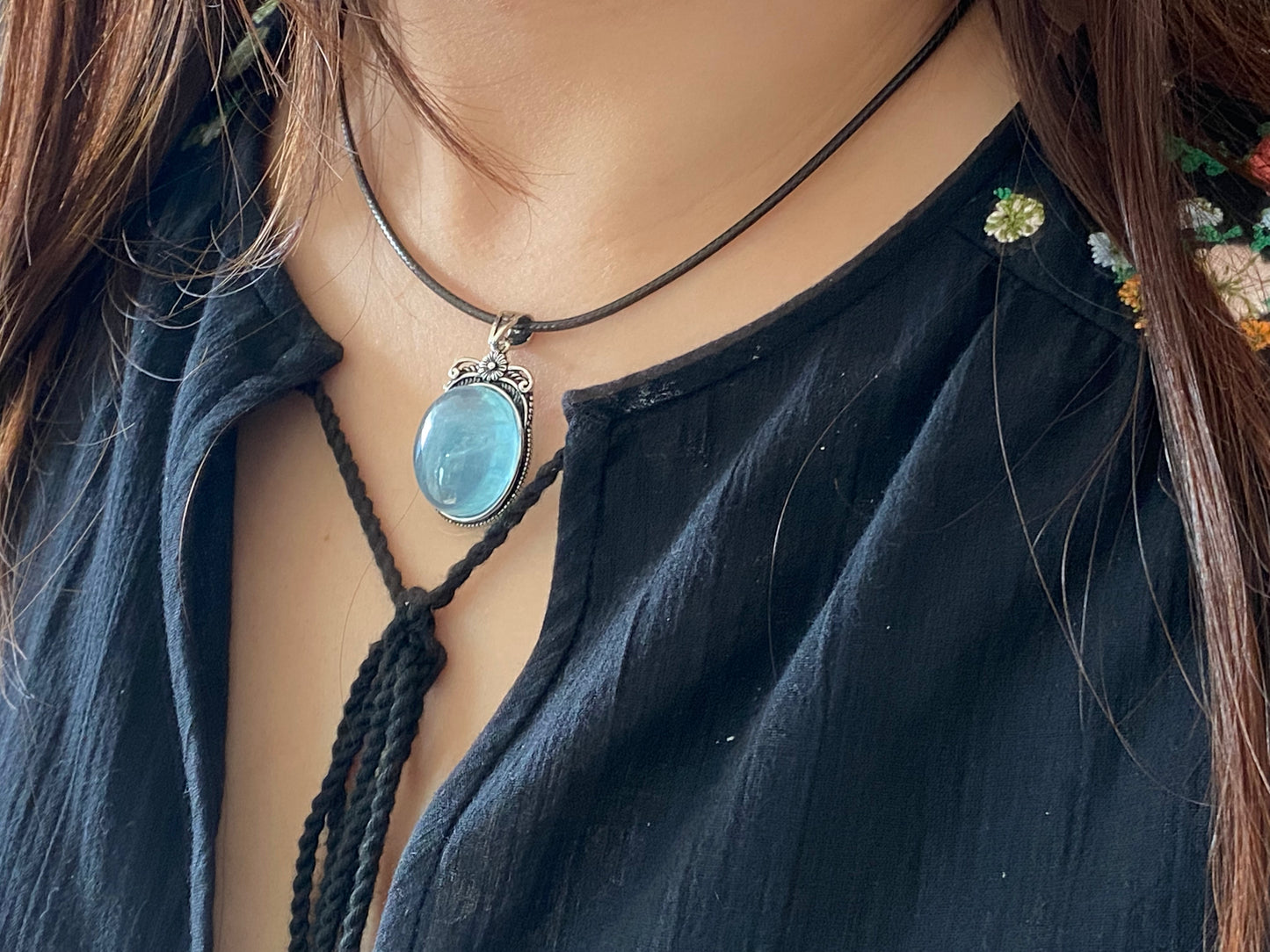 Nature Big Aquamarine Oval shape vintage setting pendant collar Boho Charm Necklace,March Birthstone