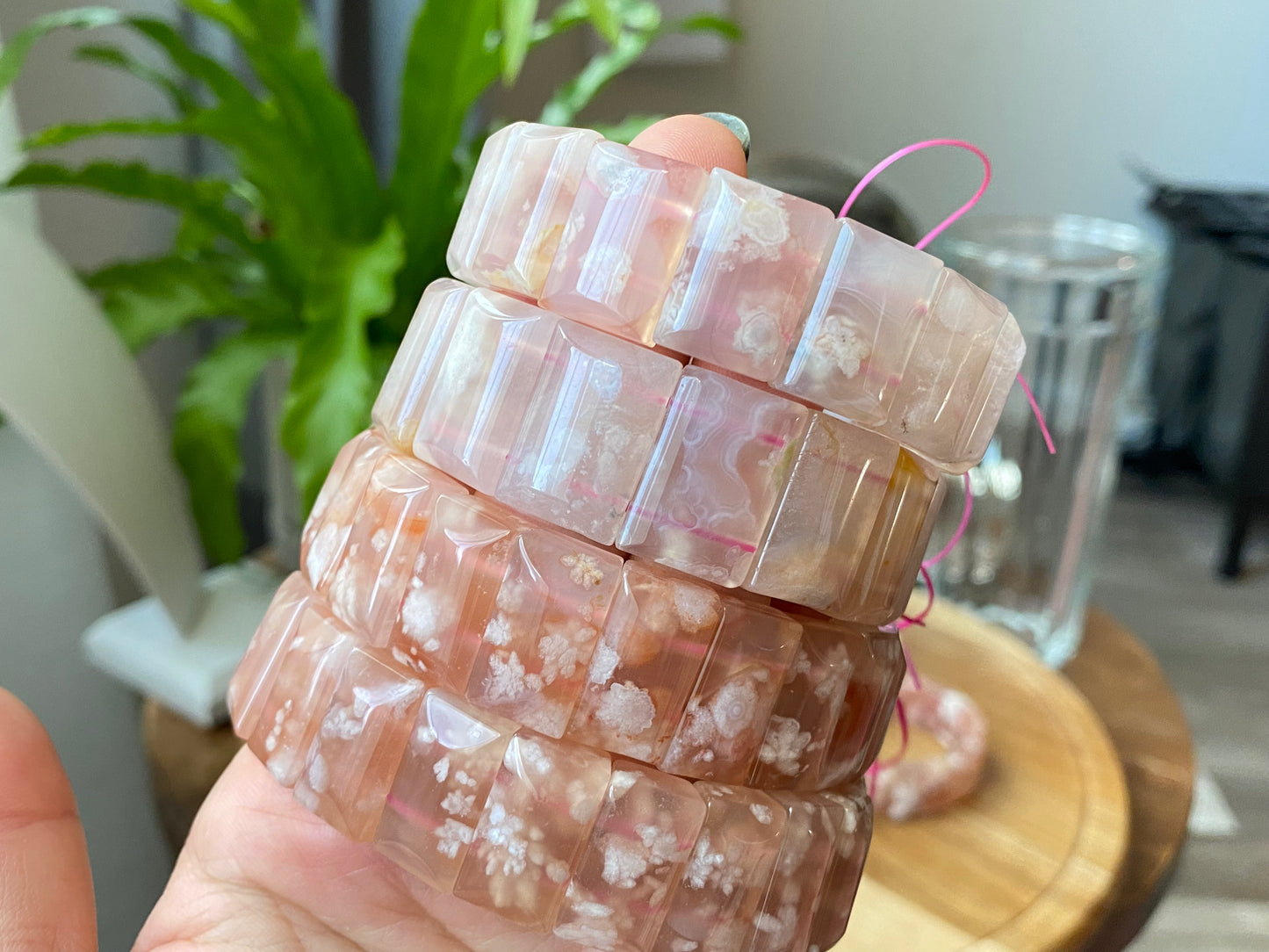 TOP Grade Nature Sakura Agate cherry blossom flower Rectangle bangle bracelet
