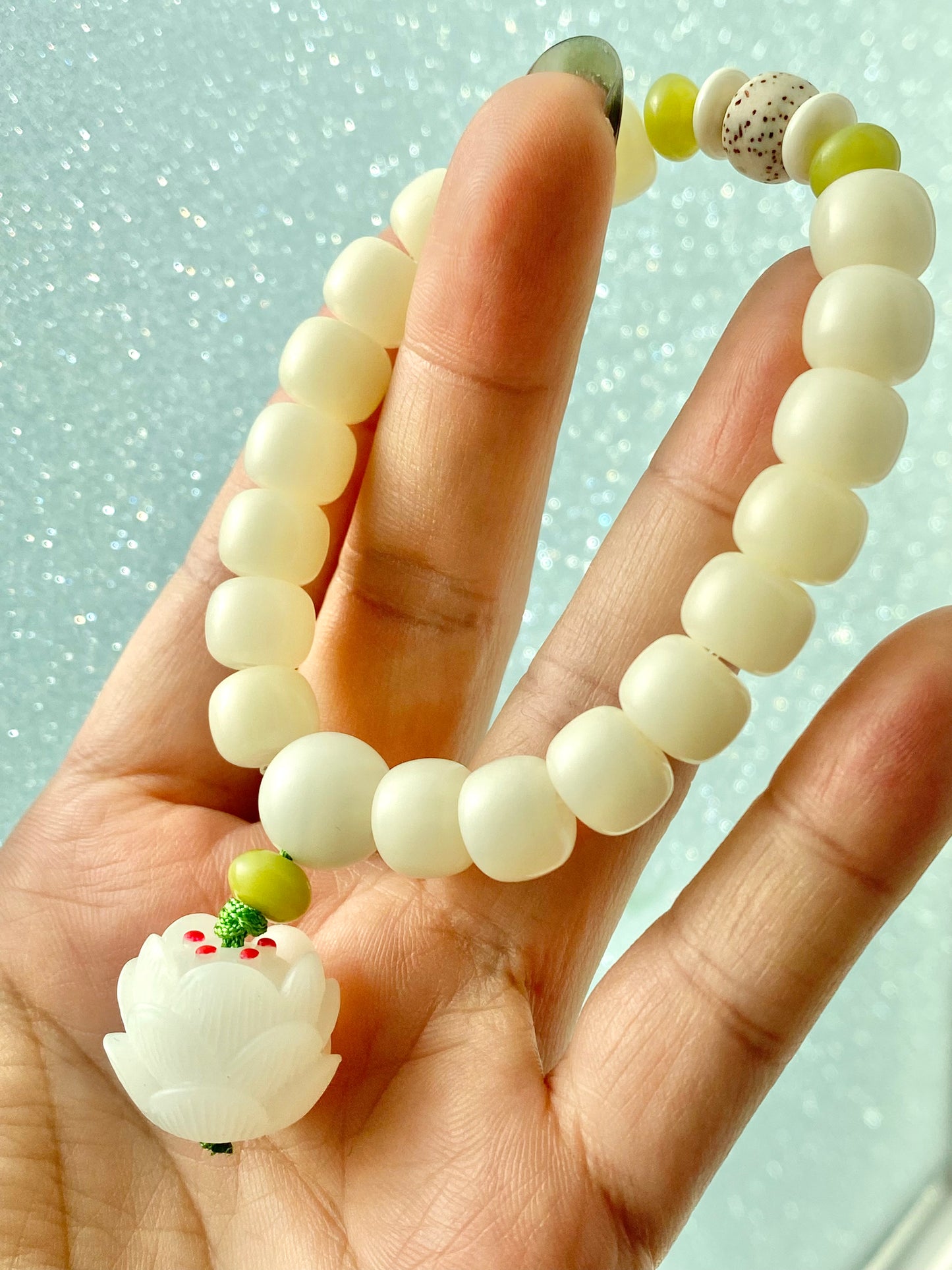 Natural white Bodhi root polished square round bead bracelet,prayer mala Yoga Meditation Balancing with Lotus Sculp