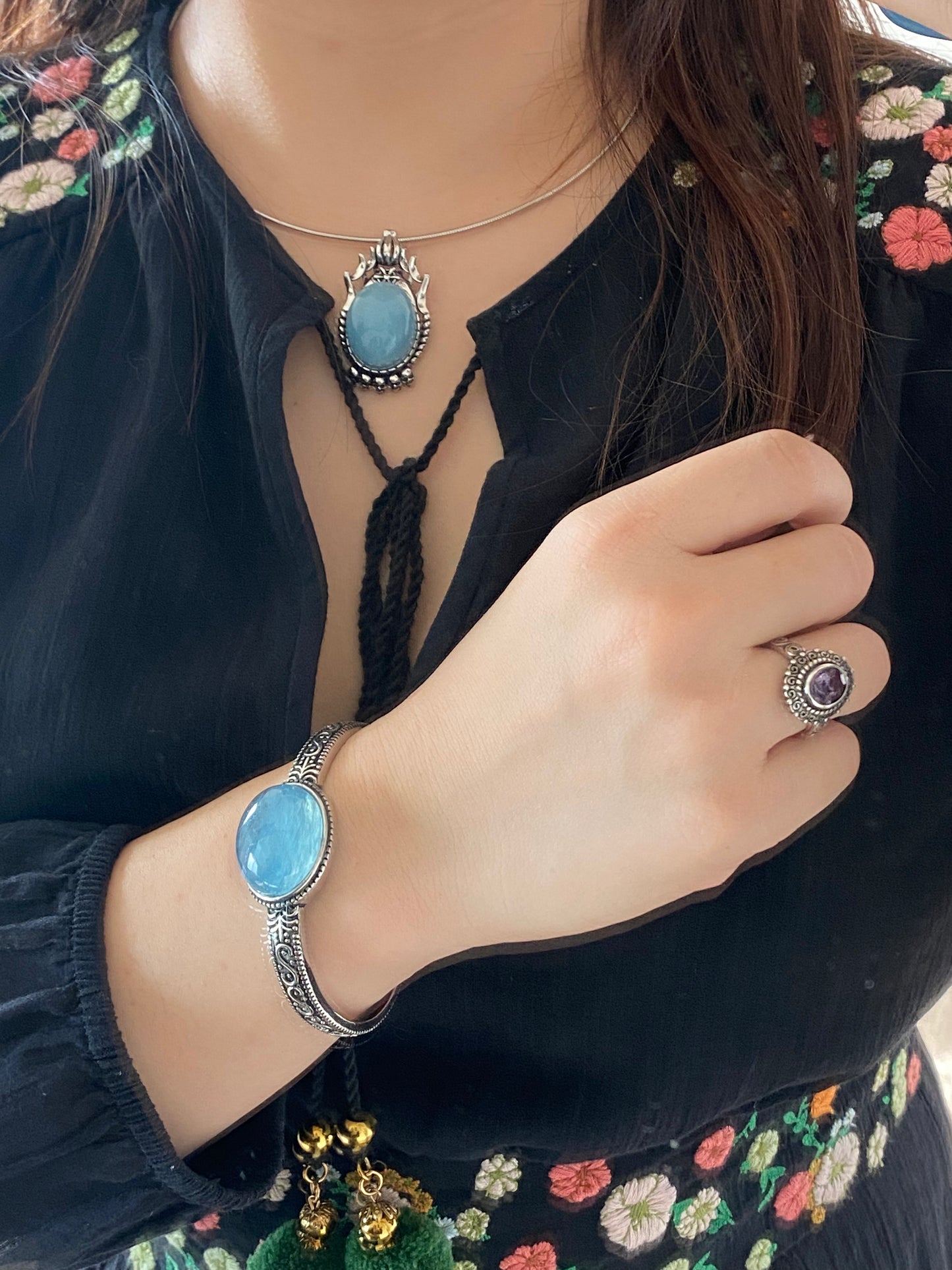 Nature Big Aquamarine Oval shape vintage setting pendant collar Boho Charm Necklace,March Birthstone
