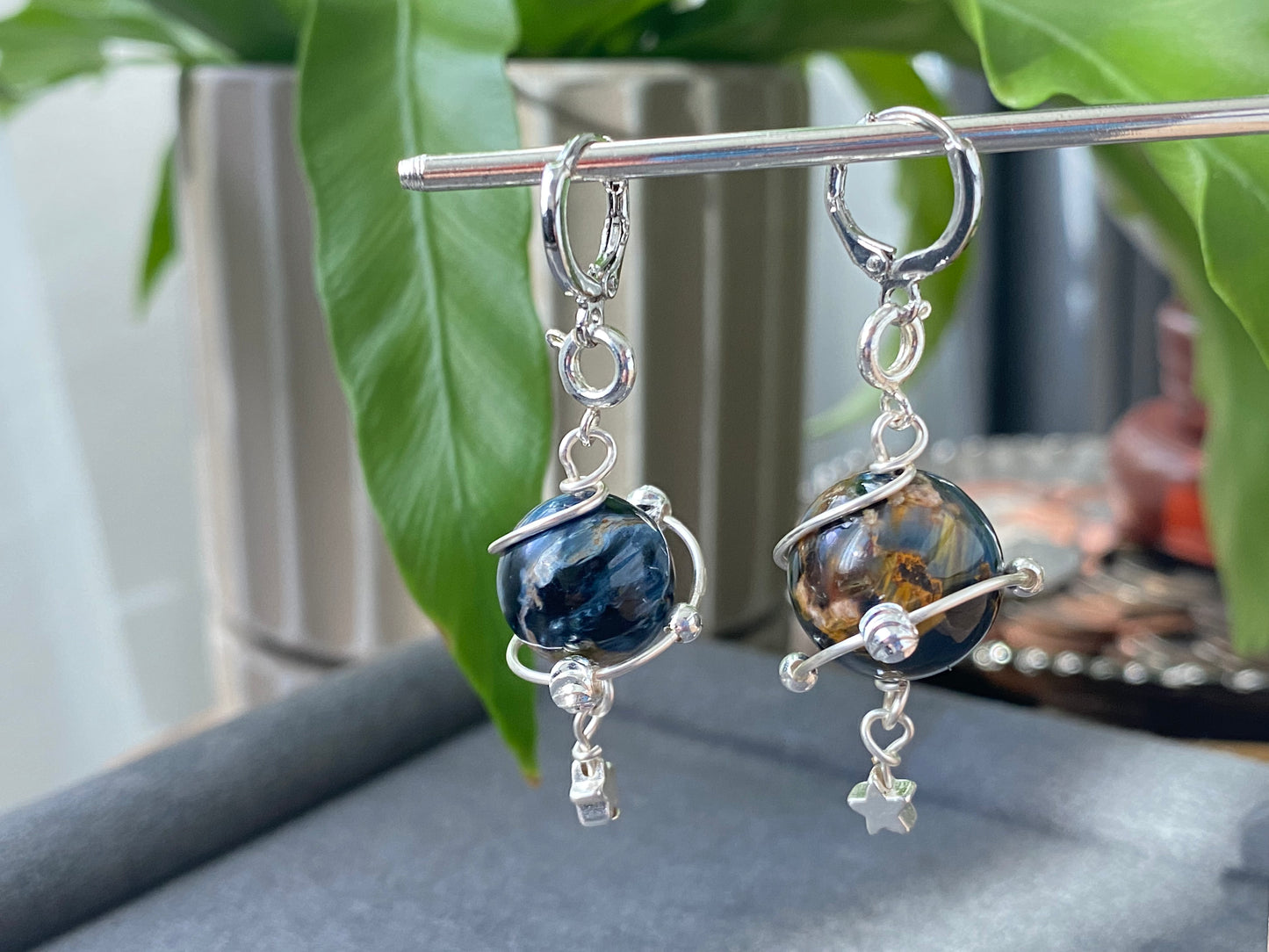 Natural High Grade Blue Pietersite flash lacy shinning Star 14K white gold wire Space planet Removable Earring Pendant
