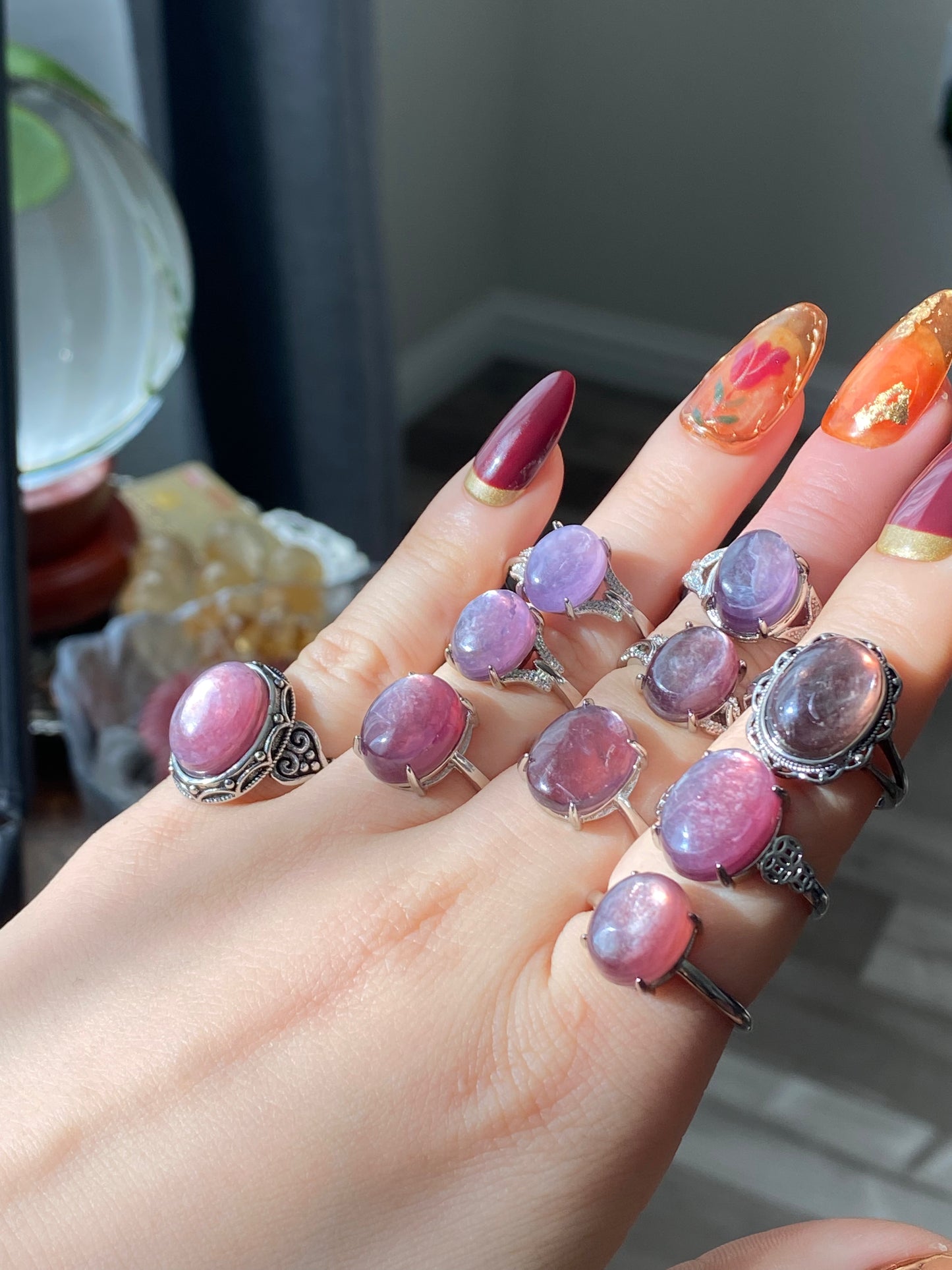 Natural Purple Lepidolite Vintage style Oval shape Adjustable Ring