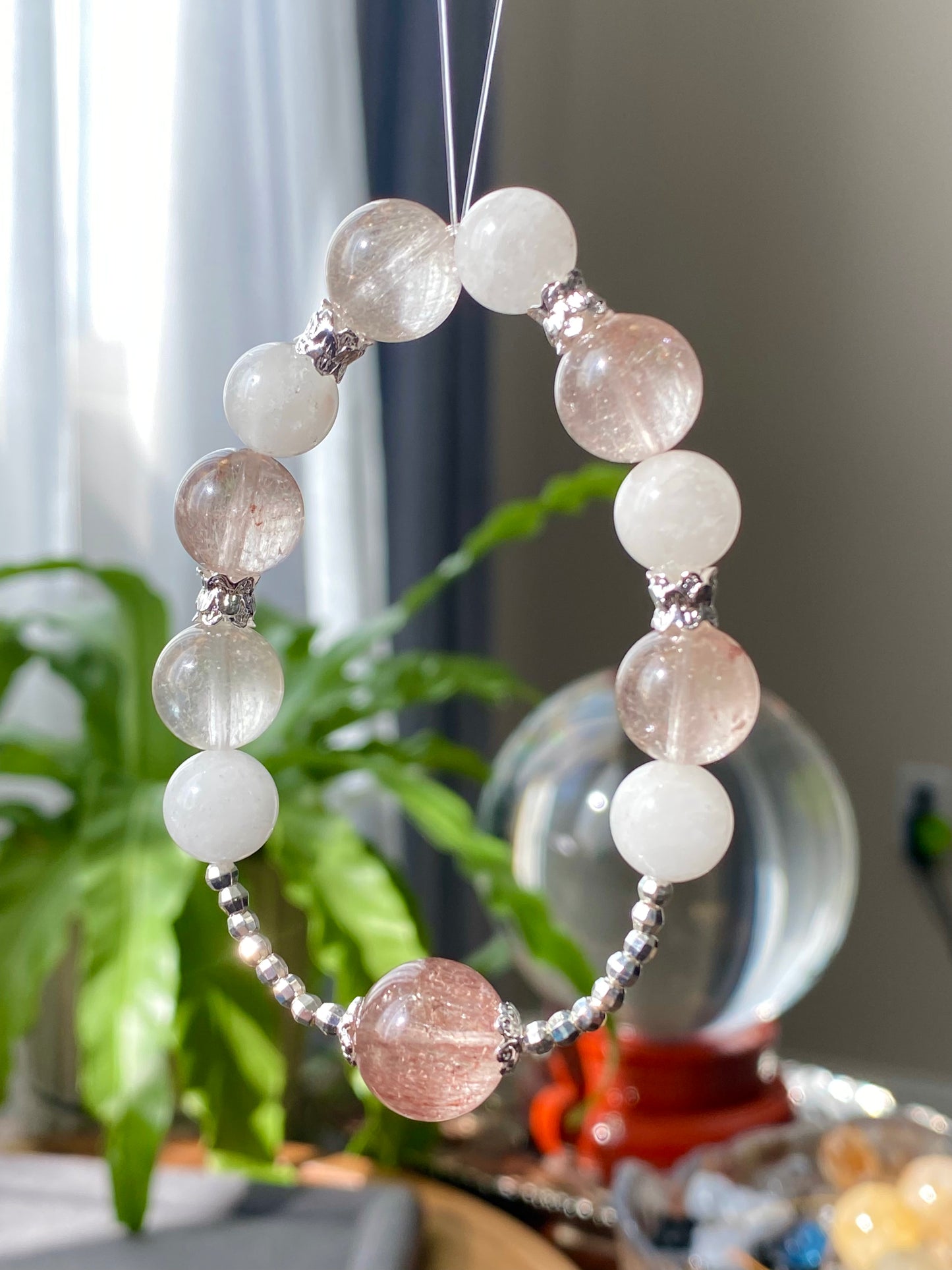 Rare High Grade Natural White Pink Rabbit hair Rutilated Quartz Crystal Designing Bead Bracelet, gift for her, gift idea