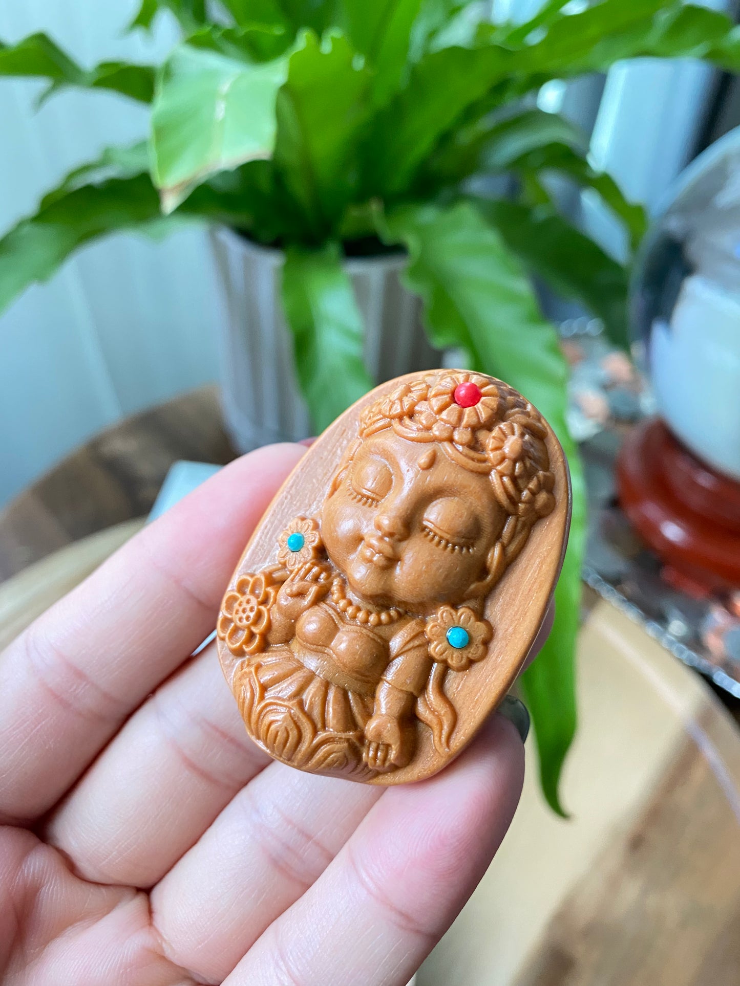 Green Verawood hand Sculpture Carving Dumu Tara car hanger Necklace pendant with turquoise rotate  Sanskrit