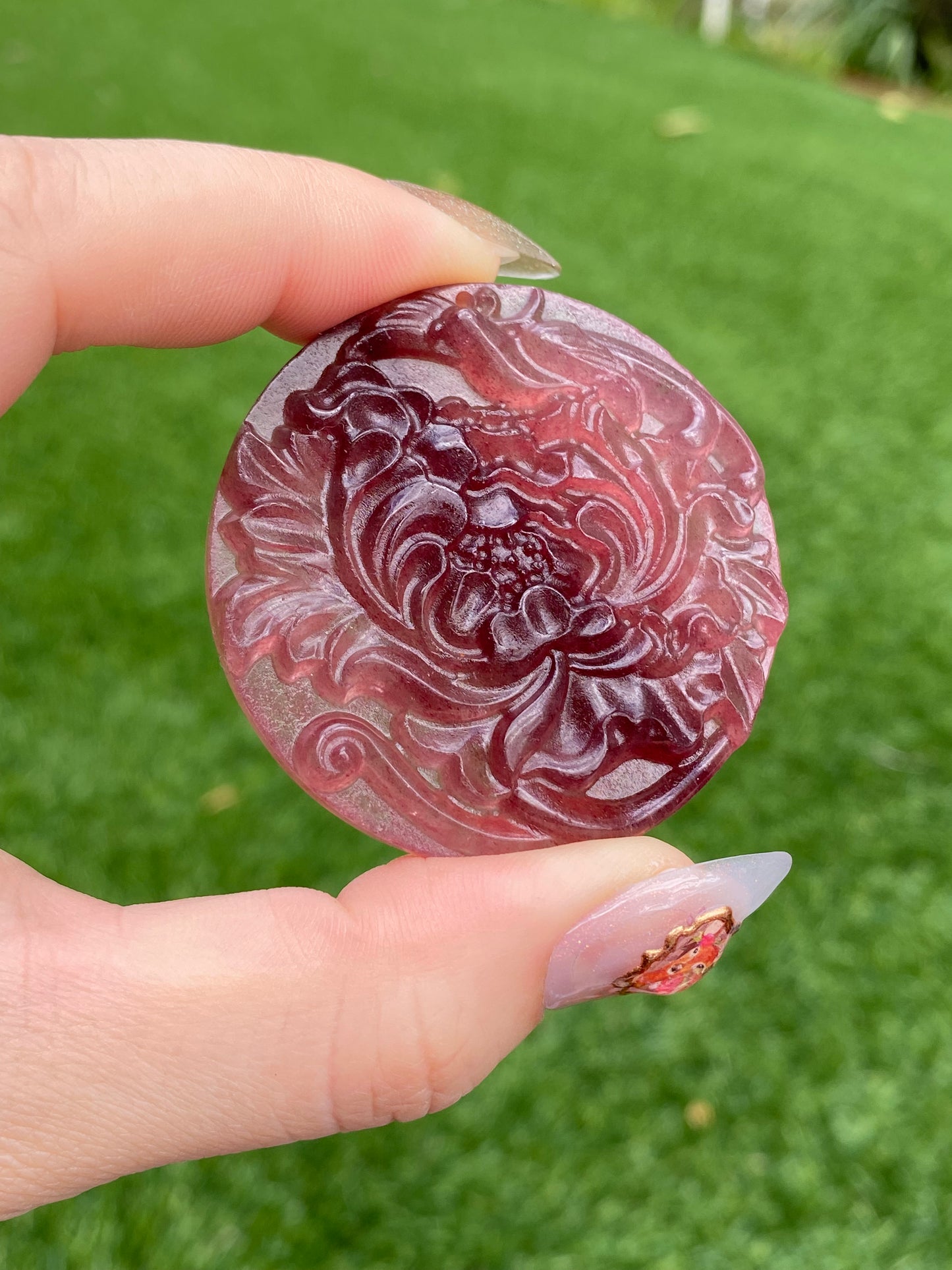 Natural Strawberry Quartz Hand Carved Hibiscus Peony Flower Pendant,gift for her,gift for mother