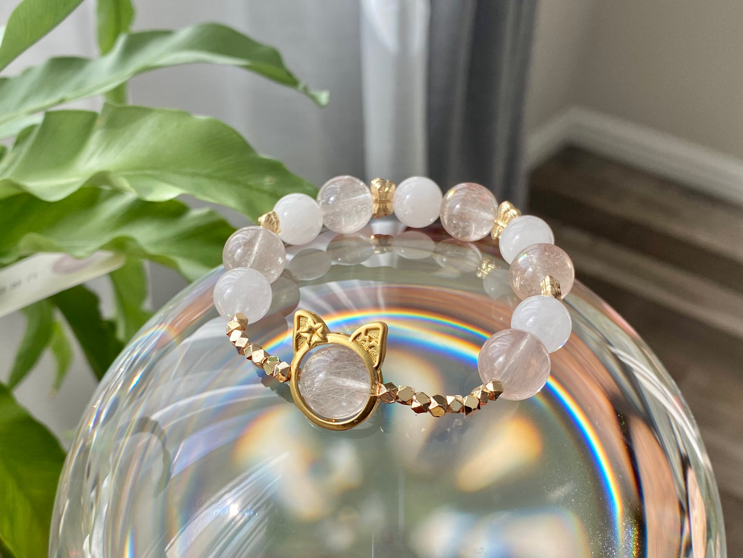 Rare High Grade Natural White Pink Rabbit hair Rutilated Quartz Crystal Designing Bead Bracelet, gift for her, gift idea