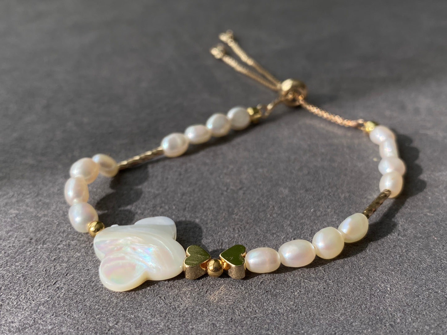 Natural Fresh water baroque Pearls with four leaf clover Mother of pearls 14K gold slide open Bracelet